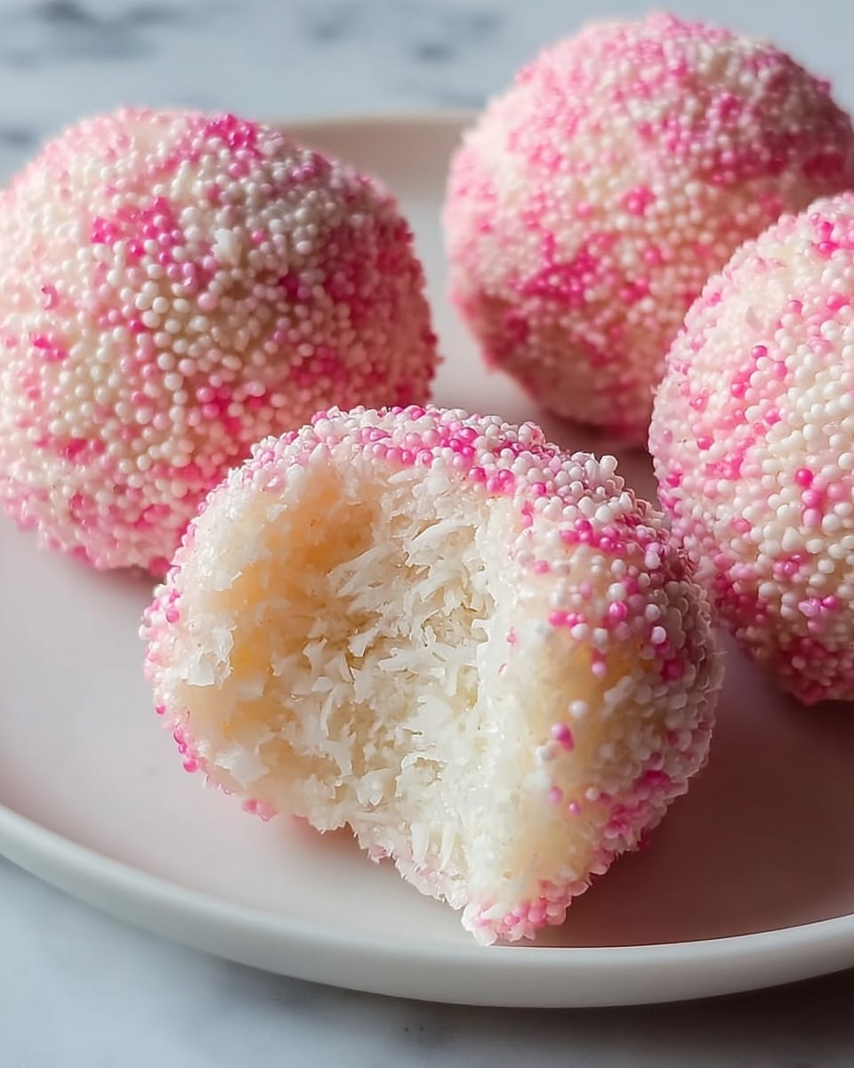 The image shows a close-up of four round coconut balls placed on a white plate, which sits on a white marbled surface. Each ball is coated with tiny pink and white sugar beads, creating a bumpy texture on the outside. One coconut ball in the front has a bite taken out, revealing a soft, fluffy white inside with a slightly moist texture. The pink sugar beads blend gently into the white coconut center near the edges, showing the contrast between the crunchy outside and the tender inside. photo taken with an iphone --ar 4:5 --v 7