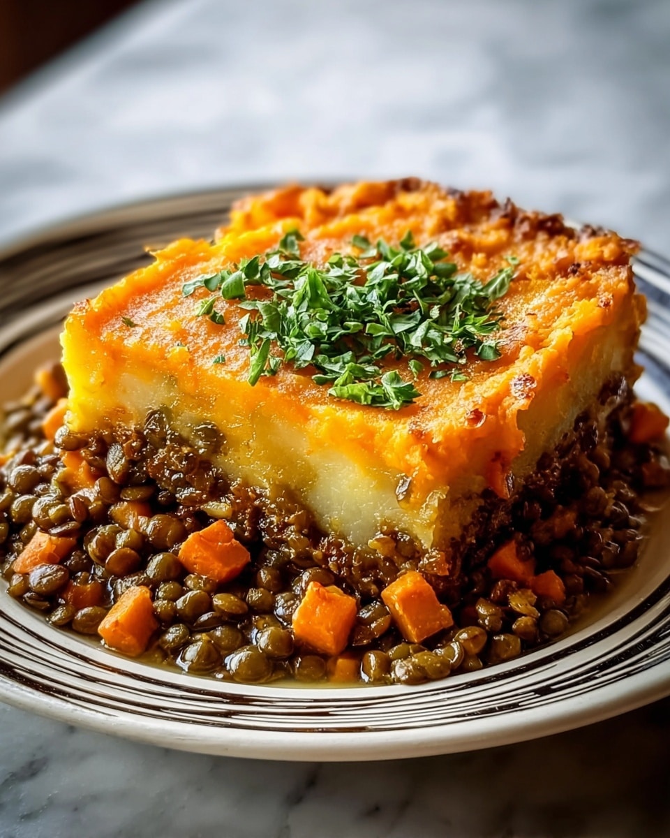 A thick slice of lentil shepherd’s pie sits on a white plate with dark swirling lines, placed on a white marbled surface. The bottom layer is a mix of cooked green lentils and small orange carrot cubes, soft and slightly glossy. On top is a smooth, bright orange mashed layer, slightly browned and crispy at the edges, topped with fresh chopped green herbs in the center. The layers are clearly visible, showing a hearty and rustic dish. Photo taken with an iphone --ar 4:5 --v 7