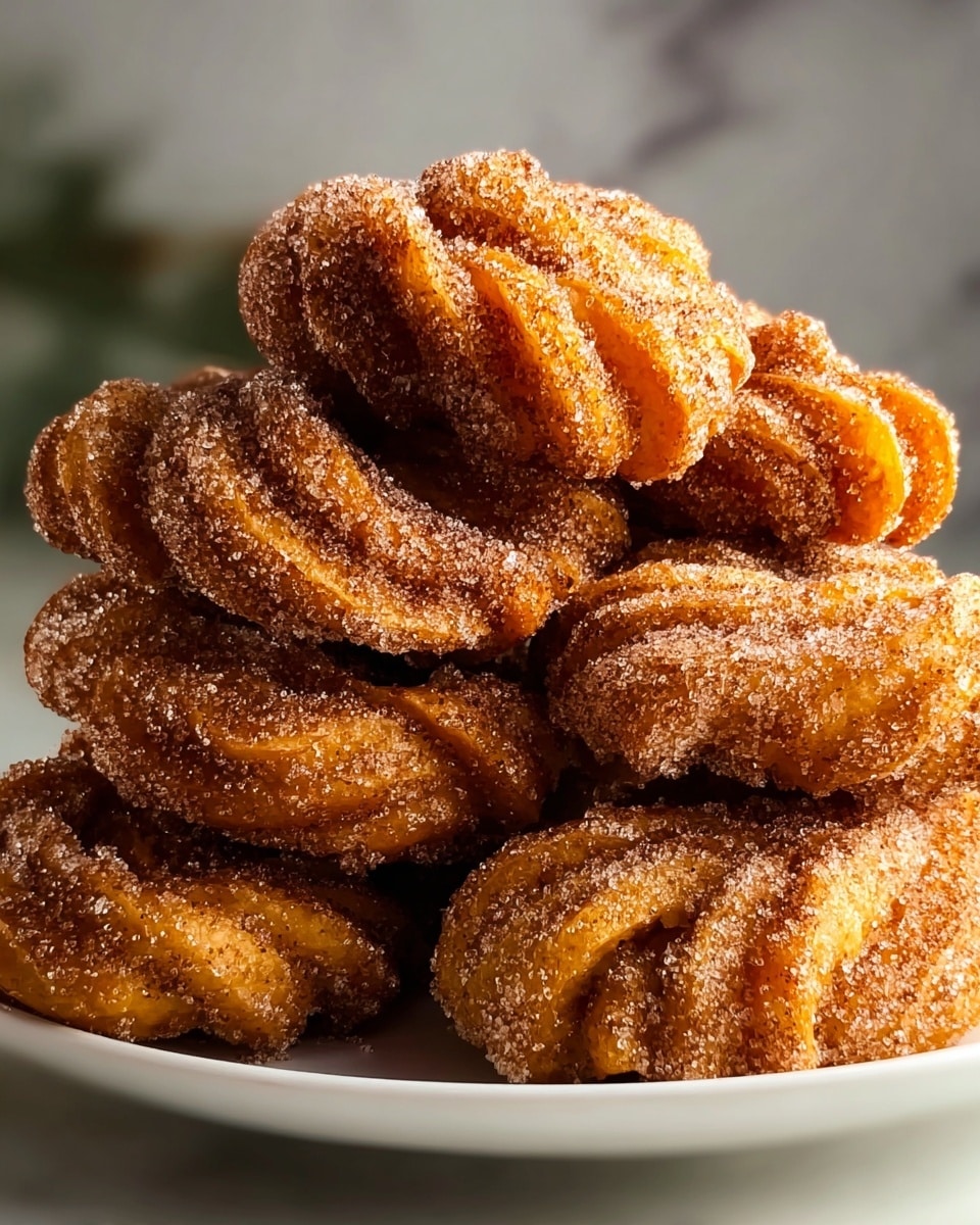 The image shows a close-up of a stack of seven fried, twisted pastries covered in coarse sugar and cinnamon. Each pastry is a warm golden-brown with ridges and folds caused by the twisting, giving a rich texture. The sugar crystals sparkle on the surface, adding a glistening effect, while the cinnamon powder gives a slightly darker brown speckled appearance over the pastries. They are arranged in a pile on a plain white plate, with soft light highlighting their crunchy exterior. The background has a white marbled texture that contrasts gently with the warm tones of the pastries. Photo taken with an iphone --ar 4:5 --v 7