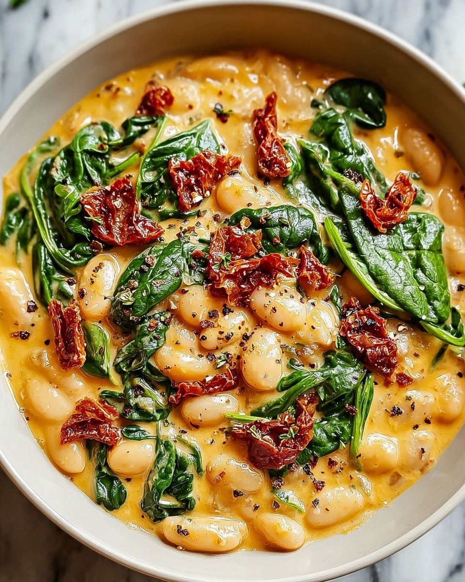 A close-up view of a creamy dish in a white bowl filled with three layers of ingredients. The base layer consists of thick, orange-yellow creamy sauce mixed with tender white beans, giving a juicy and soft texture. Spread across this, there are fresh green spinach leaves adding pops of dark green with their smooth texture. On top, small pieces of reddish-brown sun-dried tomatoes are scattered over the surface, surrounded by freshly ground black pepper sprinkled lightly on the creamy mixture. The bowl rests on a white marbled surface. photo taken with an iphone --ar 4:5 --v 7