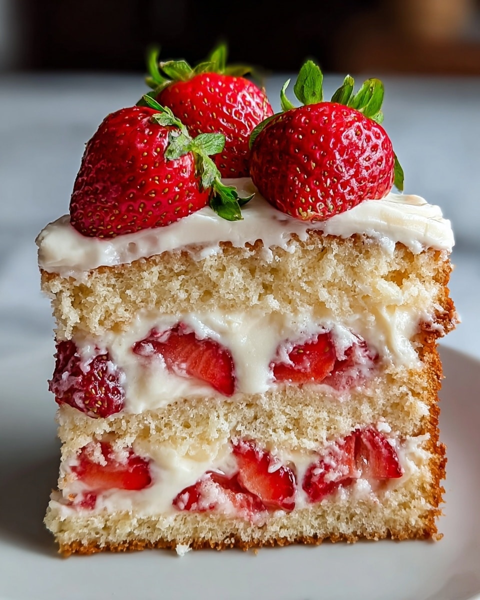 A slice of layered cake sits on a white plate over a white marbled surface, featuring three main layers: the bottom and middle layers are light tan, soft sponge cake with a slightly crumbly texture, while the middle layer contains whole sliced strawberries embedded in creamy white filling. The top layer is a thick spread of smooth white frosting topped with whole fresh strawberries that have bright red skins and green leafy tops, adding vibrant color contrast. The cake looks moist and rich, with creamy sections slightly oozing around the strawberries. photo taken with an iphone --ar 4:5 --v 7