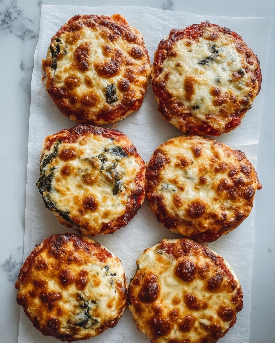 Six small, round mini pizzas are placed on a white sheet of parchment paper over a white marbled surface. Each mini pizza has a golden brown baked cheese layer on top with spots that are darker and crispier. Some pizzas show bits of green leafy vegetables peeking through the cheese, while others are covered mostly with melted cheese and tomato sauce visible near the edges. The edges are slightly browned and uneven, giving a homemade look. The pizzas are arranged in two columns with three in each column. photo taken with an iphone --ar 4:5 --v 7