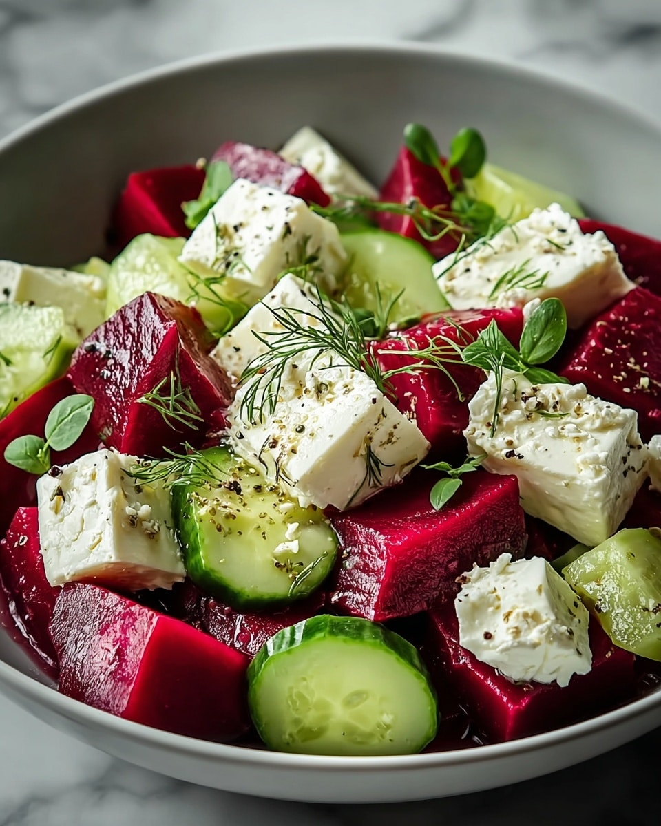 The dish shows a fresh salad served in a white bowl, layered with bright red beetroot cubes that have a smooth and shiny texture, interspersed with pale green cucumber slices with a slightly translucent look and moist surface. Scattered on top are white blocks and crumbles of soft feta cheese, speckled with black pepper and tiny dill sprigs, adding texture and contrast. Small green herb leaves are placed evenly over the salad, enhancing the colors with fresh green accents. The bowl rests on a white marbled surface, creating a clean and bright setting. photo taken with an iphone --ar 4:5 --v 7