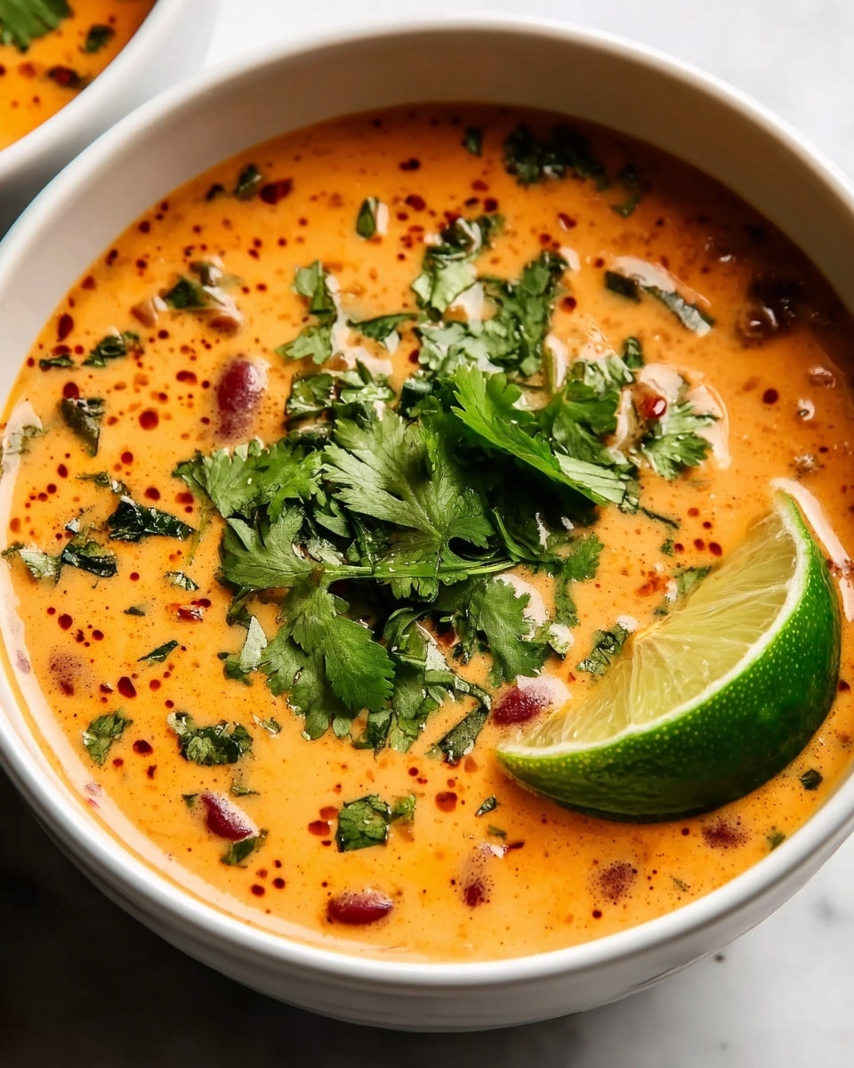 A close-up of a white bowl filled with creamy orange soup that has small red beans and green herbs mixed in. On the surface, there is a layer of fresh green cilantro leaves spread mostly in the middle, and a bright green lime wedge is placed on the right side. The bowl sits on a white marbled texture, and the soup looks thick and smooth with some small bits for texture. photo taken with an iphone --ar 4:5 --v 7