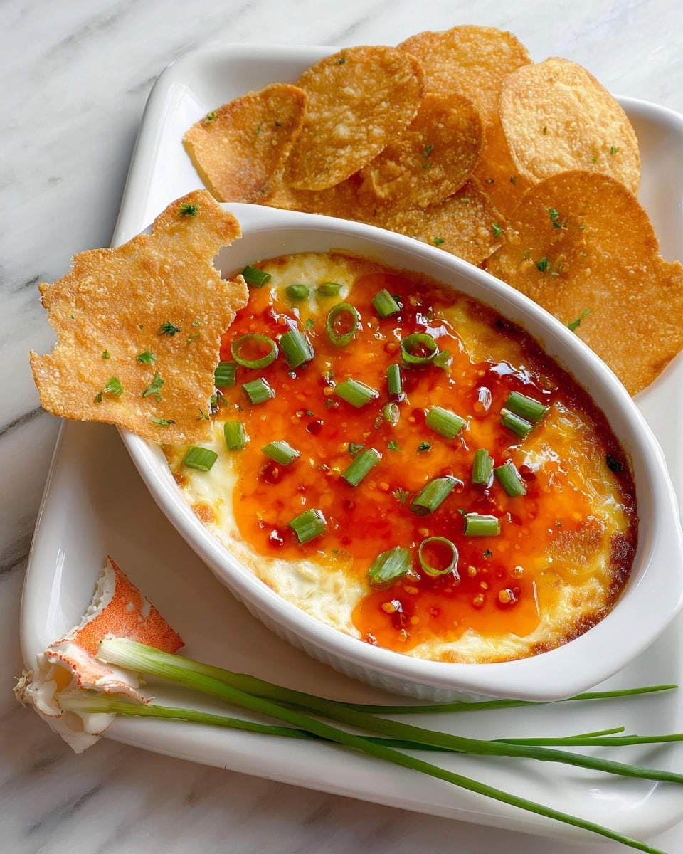The dish shows a white oval bowl filled with three layers: the bottom creamy white layer, a middle layer of melted cheese with a slightly golden brown edge, and a top layer of glossy orange-red sweet chili sauce sprinkled with small slices of green scallions. This bowl is placed on a white plate that holds several golden-brown crispy chips scattered around, each with small bubbles and topped with bits of green scallions. There is a small piece of imitation crab with white and orange colors and a couple of long green chives resting alongside the bowl on the plate. The whole setting is on a white marbled surface with soft, natural light. photo taken with an iphone --ar 4:5 --v 7
