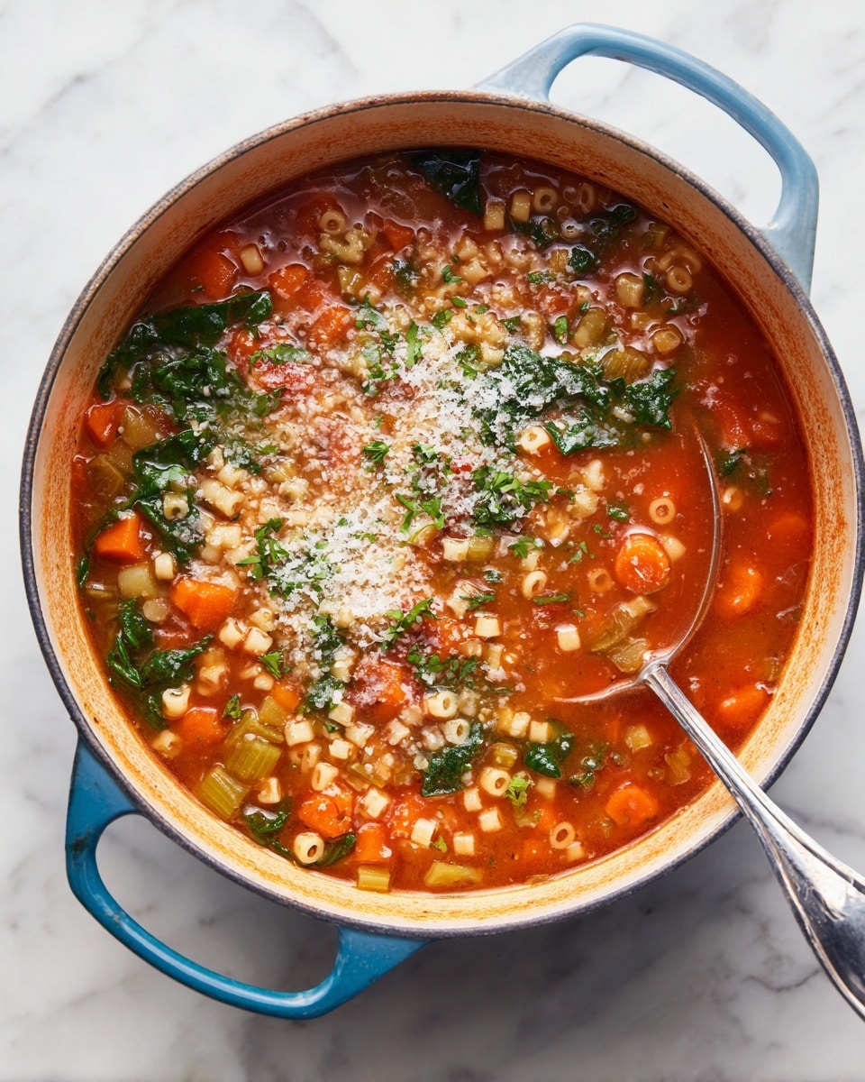 A large light blue pot with a creamy orange tomato sauce soup inside, filled with small pasta curls, chunks of orange carrots, green leafy spinach, and small white beans. The soup is topped with a sprinkle of grated white cheese and herbs, adding texture and a touch of green on the surface. A silver spoon with blue dots rests inside the pot, partly dipped in the soup. Around the pot, there are small white bowls with green chopped herbs and brown spices, all placed on a white marbled texture. Photo taken with an iphone --ar 4:5 --v 7