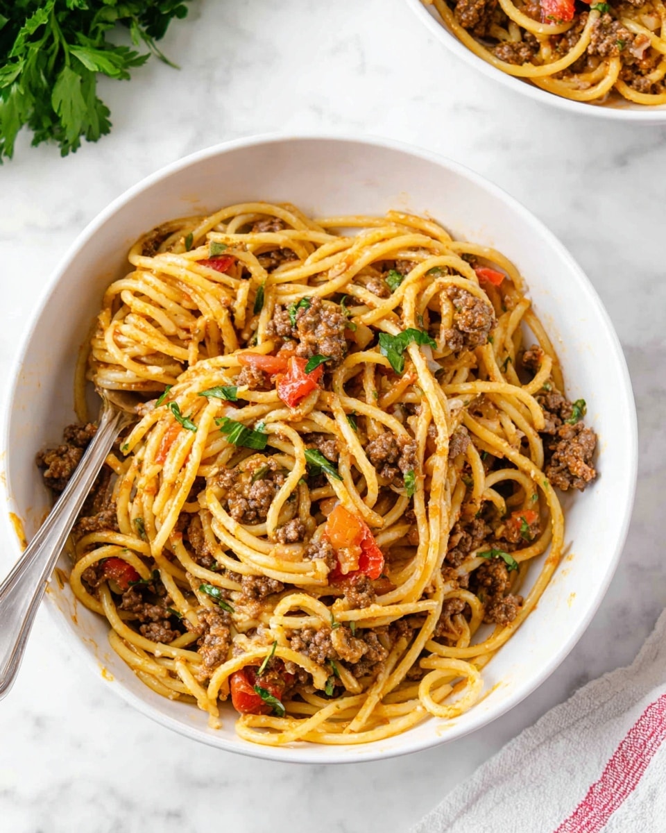 A white bowl sits on a white marbled surface, filled with a mix of spaghetti noodles, ground beef, diced red tomatoes, and small green herb leaves. The noodles are pale yellow and twisted around each other, creating a messy, dense layer across the bowl. The ground beef pieces are brown and irregular in shape, scattered throughout the noodles. Small red tomato pieces add splashes of bright color, while green herb leaves bring fresh contrast. A silver fork rests partially inside the bowl on the left side, slightly lifting some noodles. Nearby, a bunch of green herbs and part of another bowl with a similar dish can be seen. photo taken with an iphone --ar 4:5 --v 7