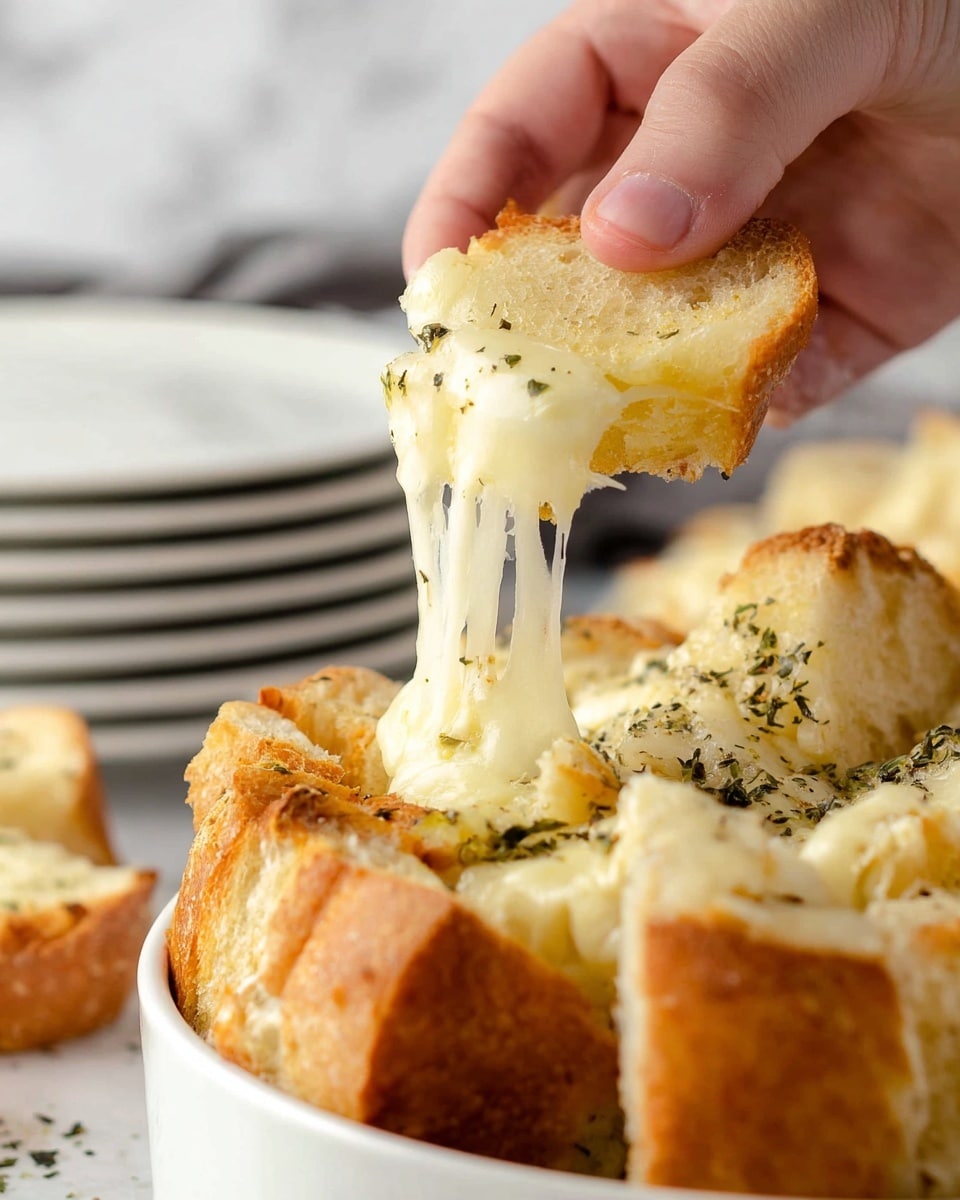 A close-up image shows a woman's hand holding a piece of golden-brown toasted bread with a soft, fluffy inside. The bread is covered with melted, gooey white cheese that stretches in a thick, creamy strand from a larger loaf. The larger loaf sits in a white bowl, filled with torn bread pieces, all sprinkled with small green herbs and black pepper. The background features plates stacked and a white marbled texture surface. photo taken with an iphone --ar 4:5 --v 7