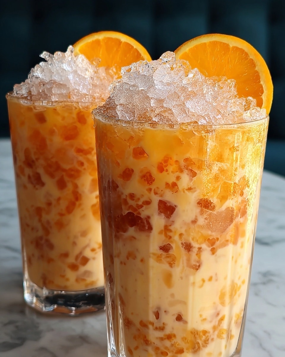Two tall clear glasses filled with a creamy, light orange drink mixed with darker orange specks inside. The glasses are topped with a large pile of clear crushed ice that glistens under the light. Each glass has a bright orange slice placed on the rim behind the ice. The glasses sit on a white marbled surface in front of a dark, blurred background. photo taken with an iphone --ar 4:5 --v 7