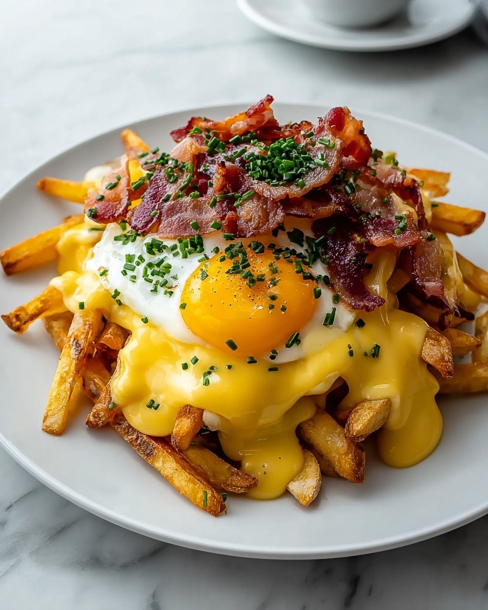 A white plate holds a dish with a bottom layer of golden-brown crispy fries. On top of the fries is a layer of yellow, creamy melted cheese sauce that drips down the sides. Placed on the cheese is a sunny-side-up egg with a bright yellow yolk and a slightly cooked white. Above the egg, there are several pieces of crispy, reddish-brown bacon strips scattered across, garnished with finely chopped green chives that add a pop of color. The plate is set on a white marbled surface, giving a clean and bright look. photo taken with an iphone --ar 4:5 --v 7