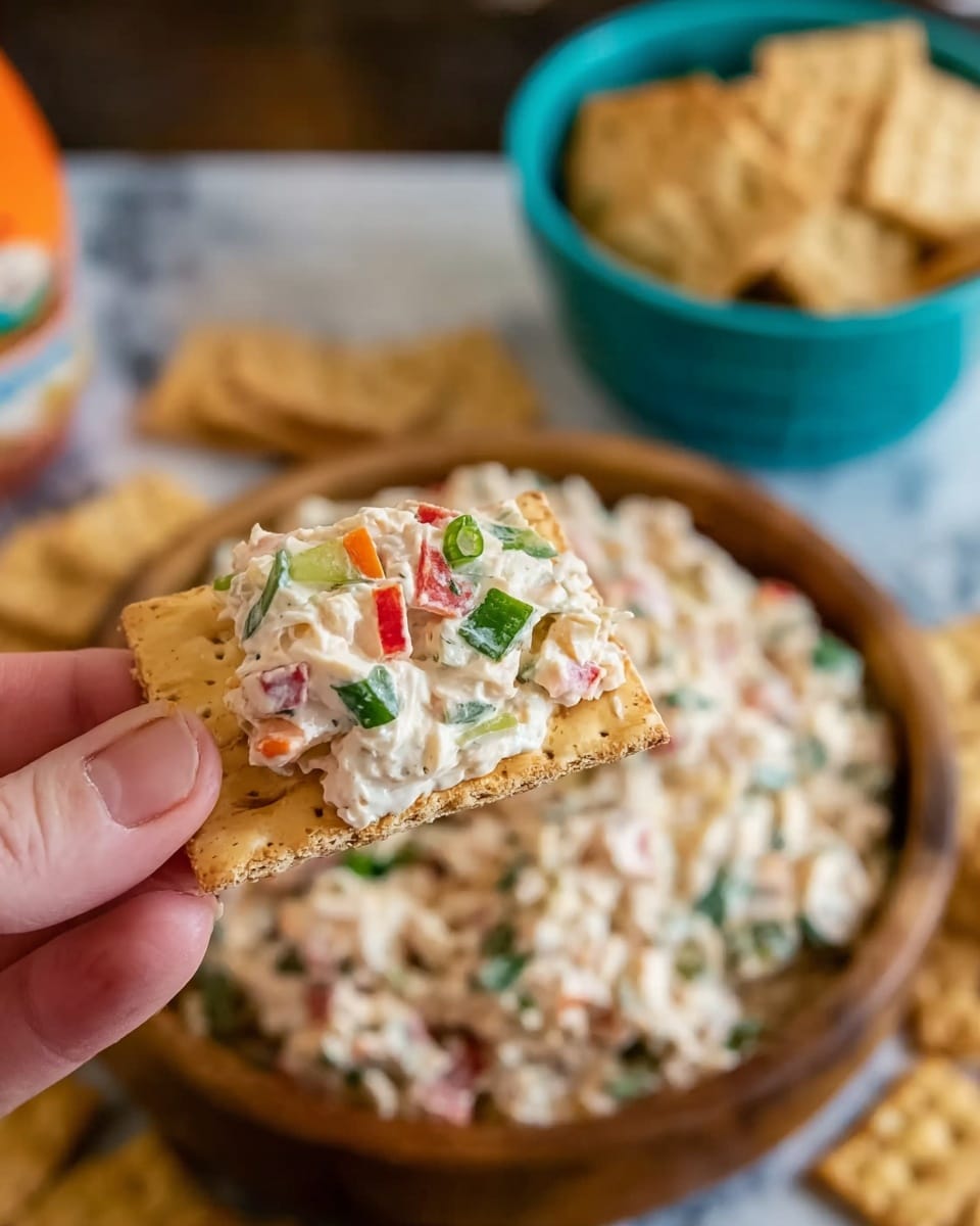 A woman's hand holds a rectangular light brown cracker topped with a creamy white spread mixed with small pieces of red and green vegetables, visibly fresh and finely chopped, with a smooth texture that looks slightly chunky. Behind it, there is a wooden bowl filled with more of the same spread, showing a mix of creaminess and colorful vegetable bits. In the blurred background, a white marbled surface holds more crackers scattered loosely and a blue bowl filled with crackers, along with an orange bottle. Photo taken with an iphone --ar 4:5 --v 7