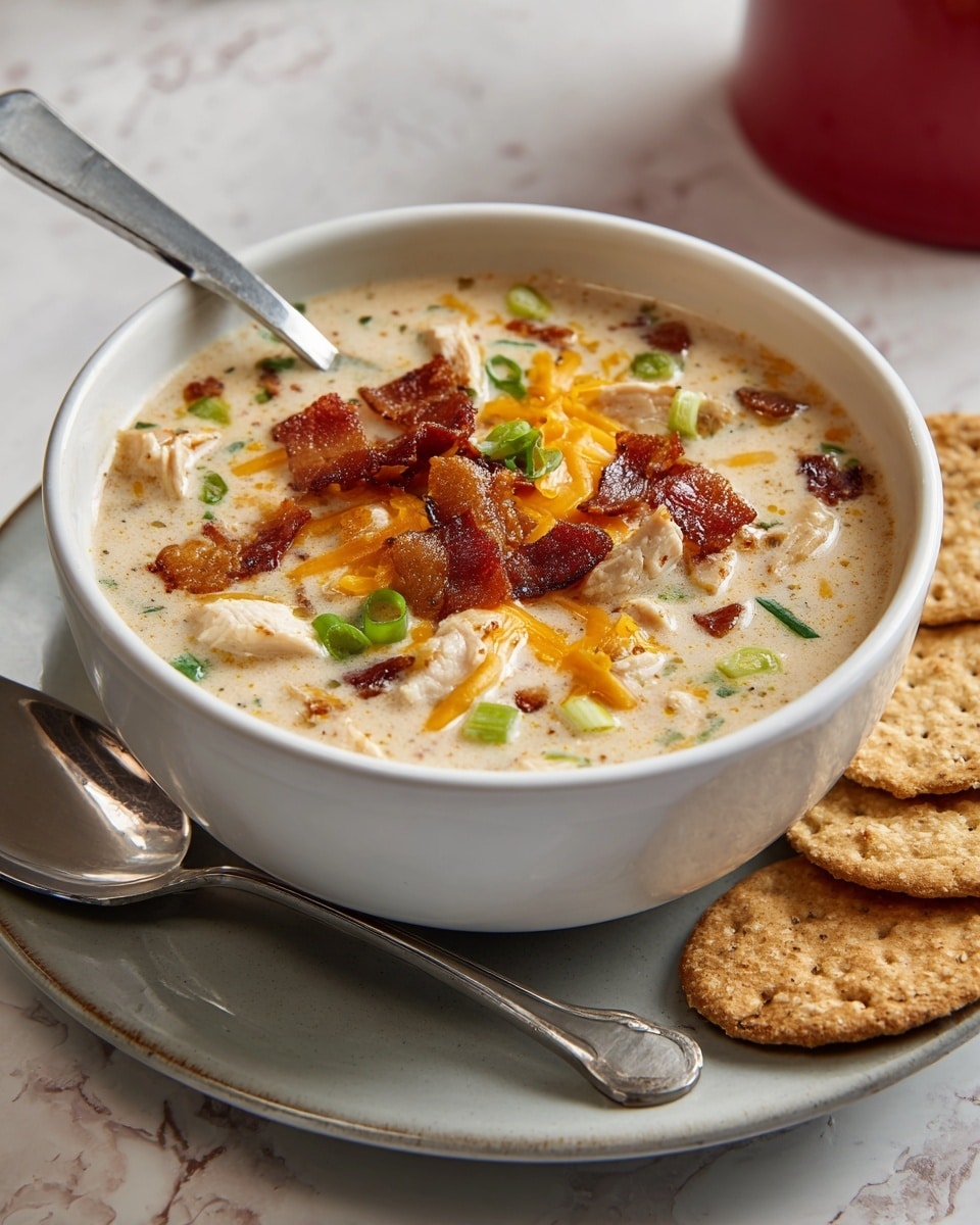 The image shows a white bowl filled with creamy soup placed on a white plate. The soup has several visible layers: a base of light beige creamy broth with chunks of light yellow potatoes and pieces of white chicken mixed in. There are small bits of crispy brown bacon scattered on top, along with melted orange cheese creating a shiny layer on parts of the surface. Bright green chopped scallions are sprinkled evenly across the soup, adding fresh color. A metal spoon is placed inside the bowl, resting on the edge. Next to the plate, there are round golden crackers lying flat. The background is a white marbled surface with a piece of cloth showing blue and white stripes, and an orange pot partially in view. photo taken with an iphone --ar 4:5 --v 7