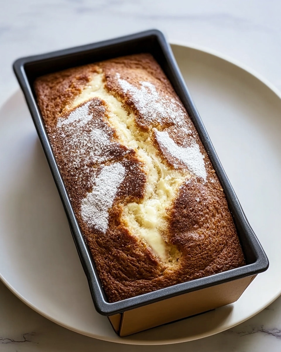 A rectangular cake loaf inside a black baking mold with light brown edges, placed on a white plate. The cake has a golden-brown top with a soft, creamy, lighter-colored swirl pattern running through the middle and patches. It is dusted lightly with powdered sugar, giving a soft white contrast on the top. The white plate rests on a surface with a white marbled texture. photo taken with an iphone --ar 4:5 --v 7