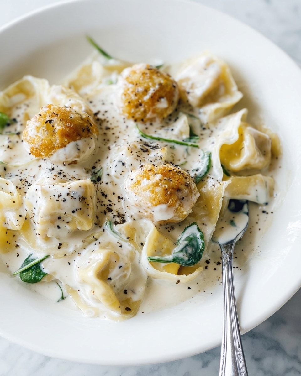 The dish shows about five golden-brown, crispy round pieces on top of creamy white sauce that covers a few wide, flat pasta layers with soft, curved edges. Small bright green leafy herbs are scattered around, mixed inside the sauce. The sauce is smooth and thick with a fresh, white color, speckled with coarse black pepper throughout. A silver fork is partially visible at the bottom right, resting on the white plate beneath the sauce. The plate sits on a white marbled surface. photo taken with an iphone --ar 4:5 --v 7