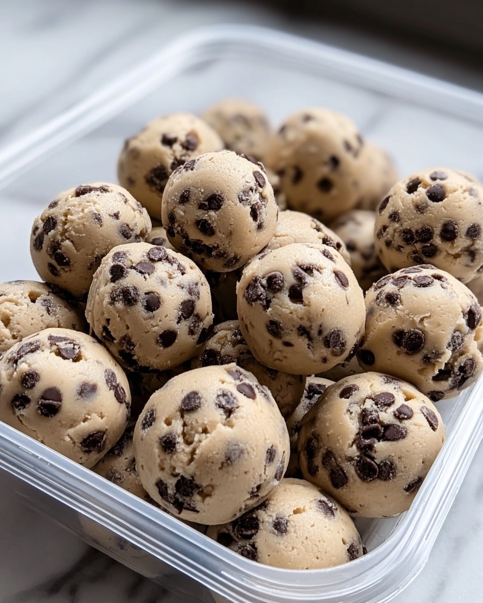 A close-up of a clear plastic container filled with round cookie dough balls. Each ball is beige with dark brown chocolate chips scattered throughout, giving a speckled texture. The balls are slightly uneven in shape, showing raw dough consistency, and are tightly packed inside the container. The container is placed on a white marbled surface. The focus is sharp on the dough balls, highlighting their soft, thick texture. Photo taken with an iphone --ar 4:5 --v 7