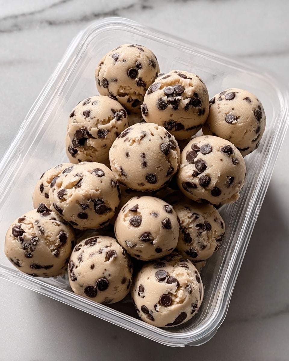 A clear plastic container holds about twenty round balls of chocolate chip cookie dough, each ball light beige with specks of dark chocolate chips scattered evenly throughout. The dough balls are smooth but slightly textured, showing individual chocolate chips on every piece. They fill the container in close layers, some stacked slightly on top of each other. The container sits on a white marbled surface, with soft natural light highlighting the dough’s creamy color and the chocolates’ dark contrast. The focus is close-up, capturing the texture and detail of the cookie dough balls. photo taken with an iphone --ar 4:5 --v 7