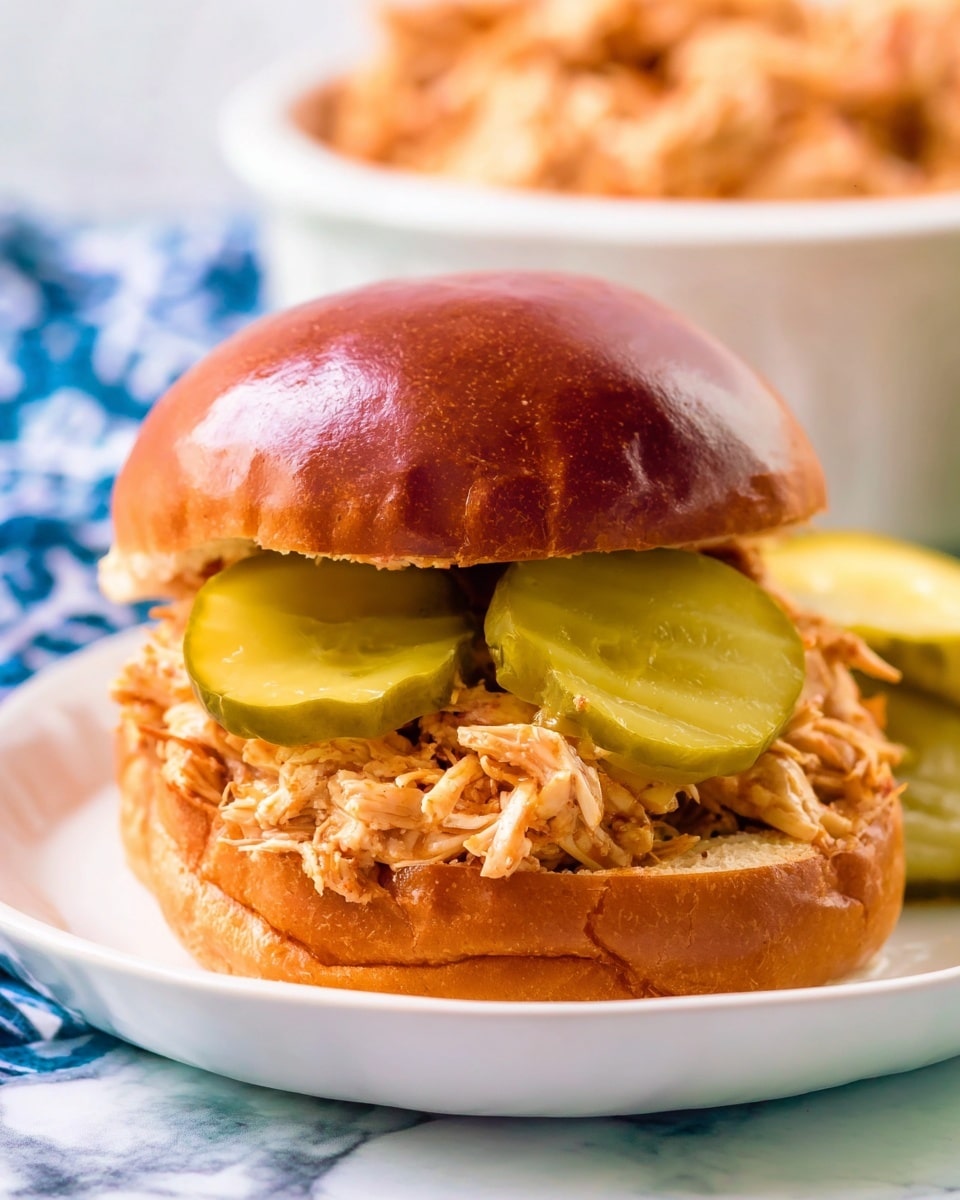 A close-up of a sandwich with a soft, shiny brown bun on top and bottom. The bottom bun is filled with shredded, moist, light brown pulled chicken. On top of the chicken, there are thick slices of green pickles placed side by side. The sandwich sits on a white plate with a slightly curved edge. In the background, a blurry white bowl is filled with more shredded chicken, all set on a white marbled surface with a blue and white patterned cloth nearby. Photo taken with an iphone --ar 4:5 --v 7
