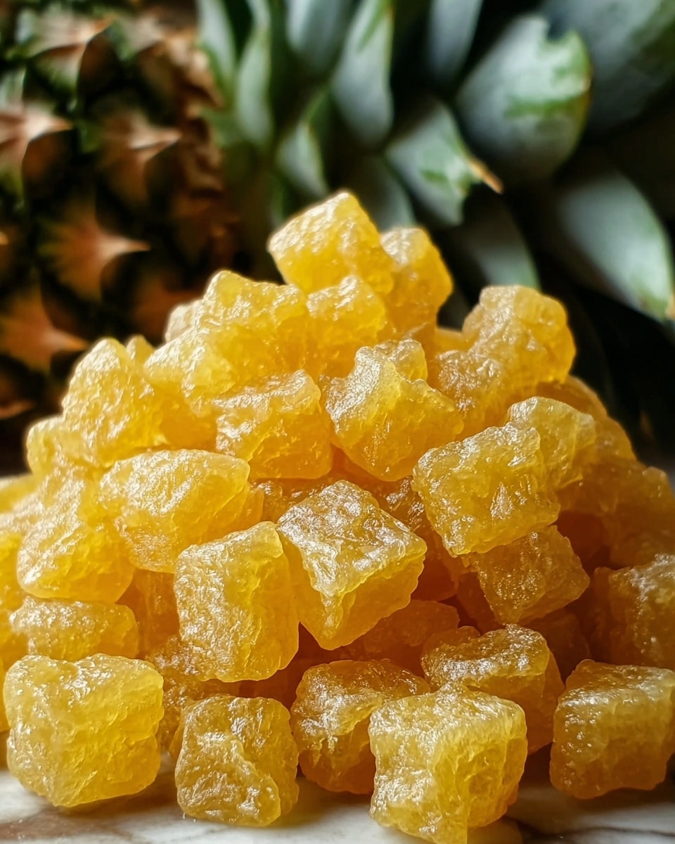 A close-up view shows a pile of small, translucent golden yellow cubes with a shiny, slightly bumpy texture, stacked together to form a mound. Each cube is roughly the same size with glossy surfaces that catch the light, giving them a wet or sugary appearance. The background has a white marbled texture with hints of a pineapple's rough green and brown spiky skin partially visible behind the pile, adding a natural element. The whole image feels fresh and bright, focusing tightly on the texture and color of the cubes. photo taken with an iphone --ar 4:5 --v 7