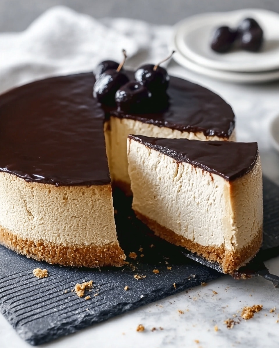 A round cheesecake with a smooth, dark chocolate glaze on top and covering the sides, creating a shiny, rich dark brown layer. The cake has been cut, showing a thick, creamy, light beige inside layer with a soft, airy texture. The cake sits directly on a black textured slate plate with a few crumbs around it. On top of the cake, there are a few small dark purple or black pears for decoration. The setting includes a white marbled surface beneath the plate. Photo taken with an iphone --ar 4:5 --v 7