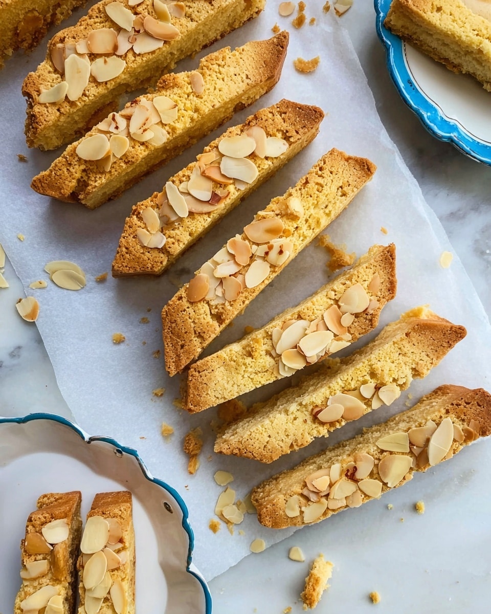 The image shows a white marbled surface holding a copper tray filled with nine rectangular almond slices arranged in rows. Each slice has a golden-brown, slightly crumbly top layer adorned with thin toasted almond flakes, while the sides reveal a dense, light yellow cake texture. To the left, a transparent glass cup with dark coffee topped with a layer of crema sits on a dark grey saucer, with a spoon placed beside it. In the background, there is a glass jar with small yellow flowers and a white cloth adding a soft touch. The whole scene is brightly lit, highlighting the warm colors and textures. photo taken with an iphone --ar 4:5 --v 7