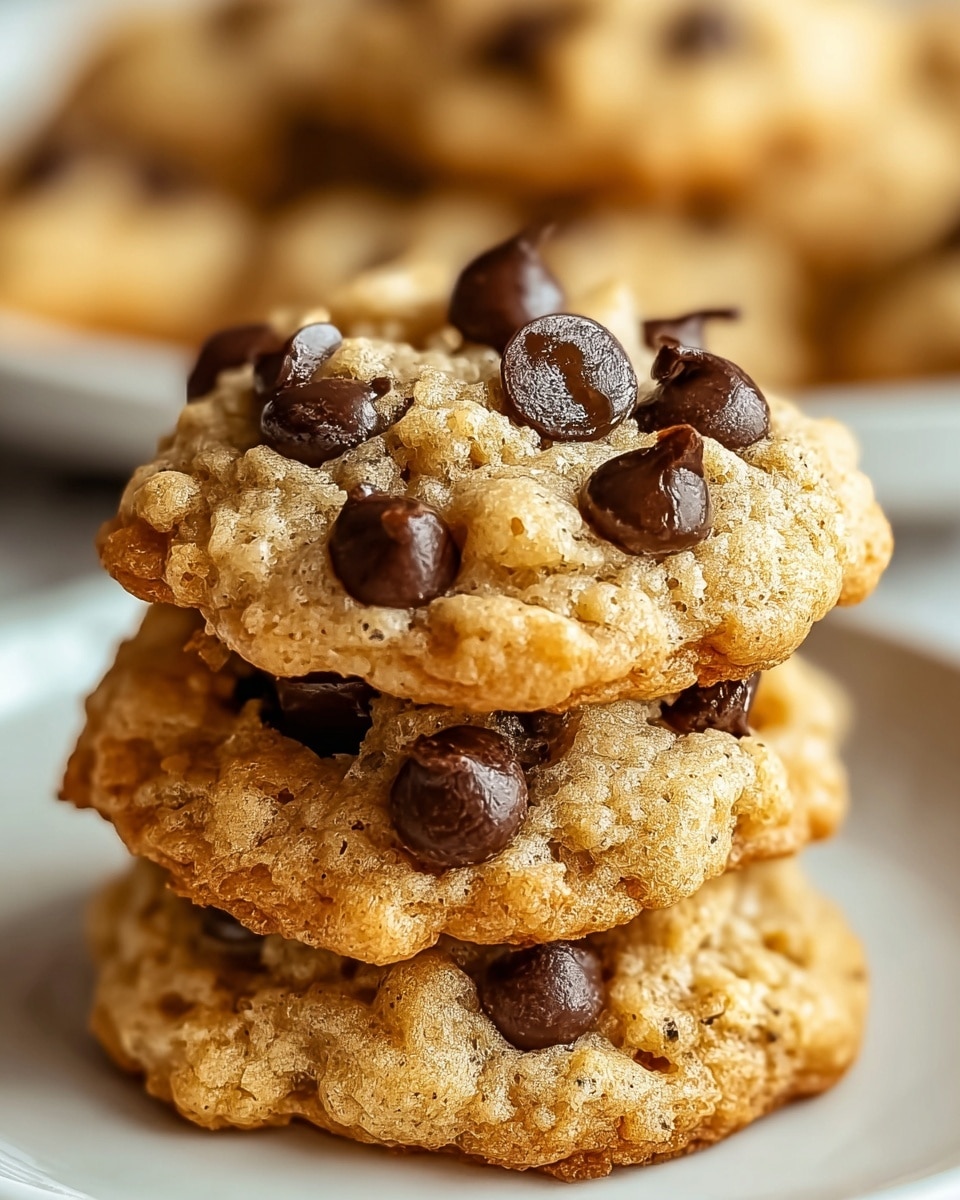 A close-up view of a stack of three oatmeal chocolate chip cookies, each cookie showing a light golden-brown color with a textured surface full of oats and scattered dark chocolate chips embedded throughout; the cookies are piled unevenly on a white plate, highlighting their soft and chewy texture with slightly crisp edges, all set against a white marbled background. photo taken with an iphone --ar 4:5 --v 7