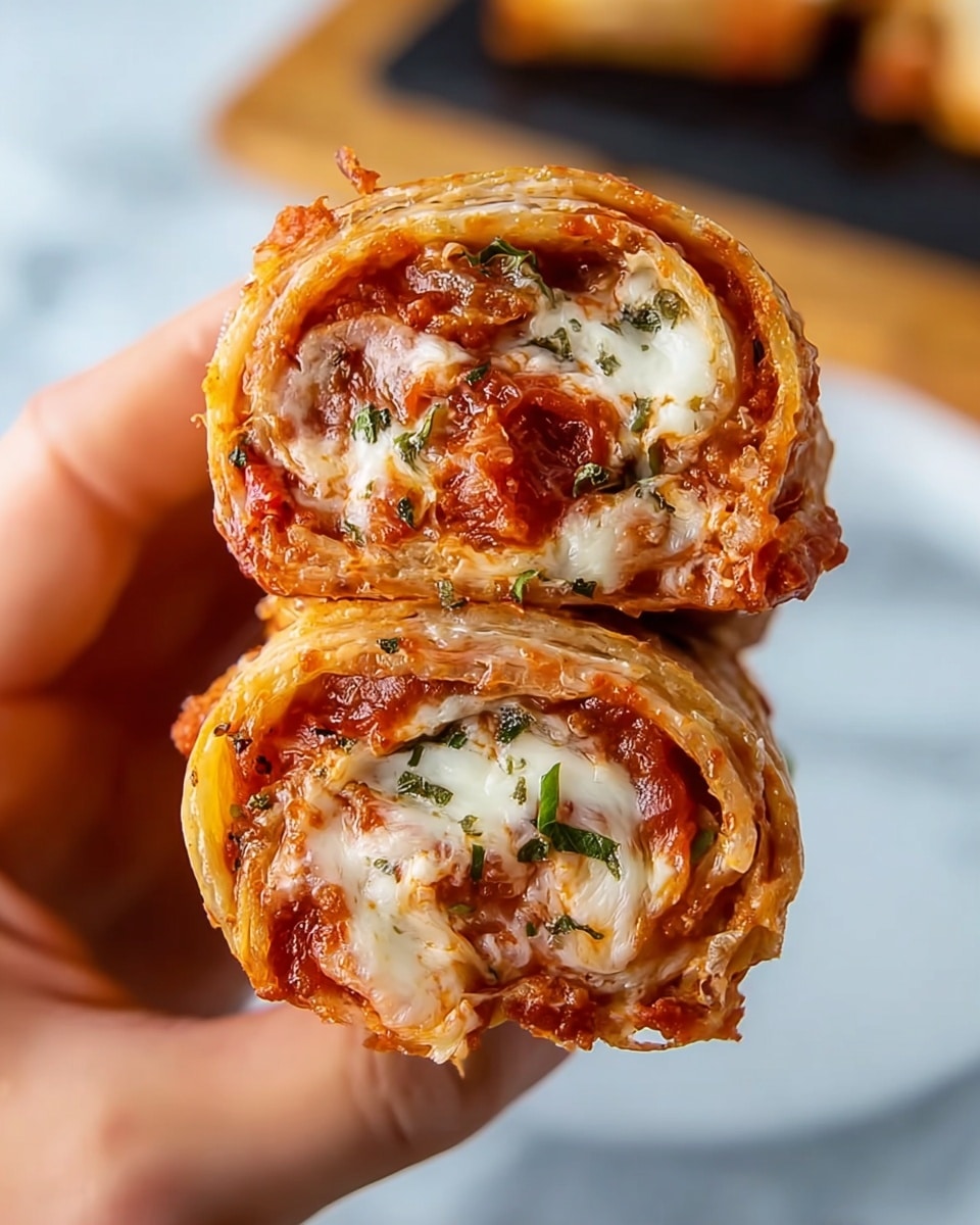 A close-up view of two halves of a crispy, golden-brown rolled piece, held by a woman's hand, showing multiple thin layers of flaky crust on the outside. Inside, there are rich, thick layers of red tomato sauce with visible herbs, melty white cheese, and small bits of green herbs scattered throughout. The rolls look moist and soft inside with a slight shine from the sauce and cheese. The background features a white marbled texture and a partially visible white plate below. photo taken with an iphone --ar 4:5 --v 7