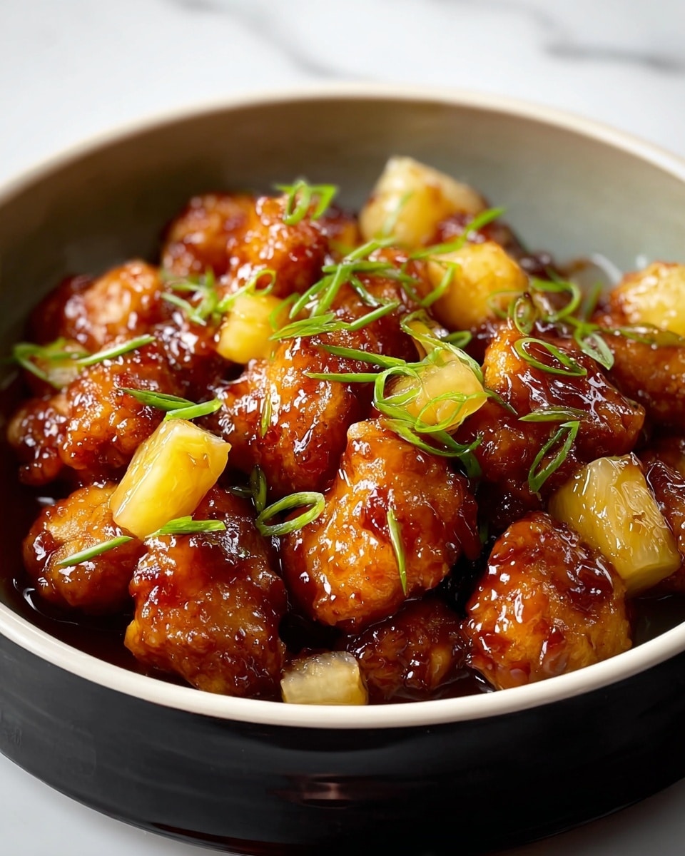 The dish shows several golden brown, glossy chicken pieces coated in a shiny, sticky sauce piled in a white bowl. Bright yellow pineapple chunks are scattered evenly among the chicken, adding contrast. Small bits of light green chopped scallions are sprinkled on top, giving a fresh touch. The texture of the chicken looks crispy under the sauce, while the sauce itself pools slightly around the pieces, making them look moist and rich. The background is a white marbled surface. photo taken with an iphone --ar 4:5 --v 7