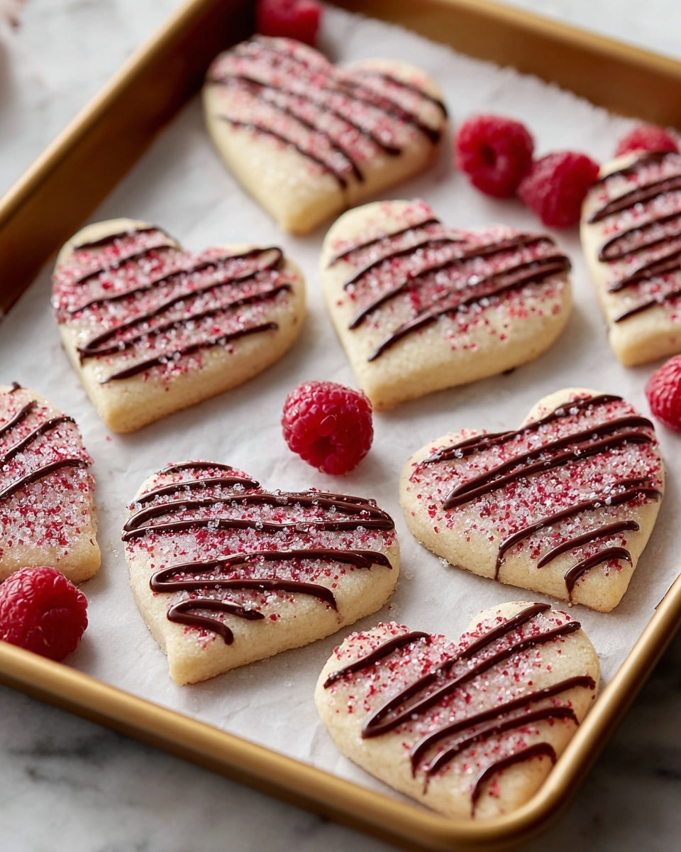 The image shows a baking tray lined with white parchment paper holding eight heart-shaped sugar cookies. Each cookie has a pale beige base with a sparkling layer of fine red and white sugar crystals on top. Dark brown chocolate drizzle stripes run diagonally across the surface of each cookie, adding texture. Around the cookies are a few fresh red raspberries, adding a bright pop of color. The tray has a golden rim and rests on a white marbled surface. Photo taken with an iphone --ar 4:5 --v 7