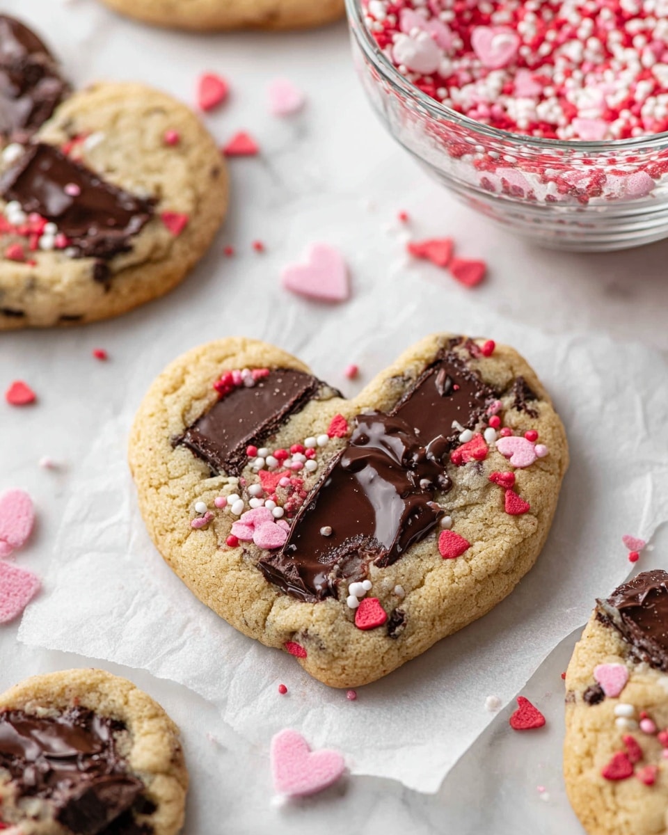 The image shows heart-shaped cookies with a light golden brown color and a slightly soft texture. The cookies have large dark chocolate chunks partly melted on top and inside, with small red, pink, and white heart and round sprinkles scattered over and embedded in the dough. One cookie is centered on white parchment paper on a white marbled surface, surrounded by other similar cookies and a clear bowl filled with a mix of pink, white, and red sprinkles toward the top right. The overall look is festive and sweet with a mix of smooth chocolate and crunchy sprinkles. Photo taken with an iphone --ar 4:5 --v 7