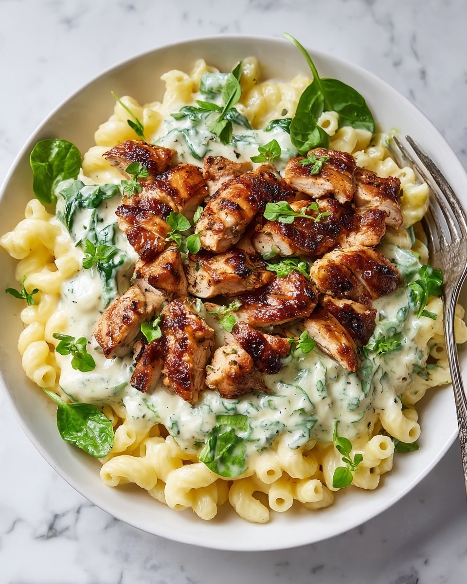 A close-up of a white plate filled with rigatoni pasta coated in creamy white sauce speckled with green herbs, layered underneath tender pieces of grilled chicken with a golden-brown char, and scattered fresh spinach leaves mixed throughout. The dish is garnished with finely grated white cheese and small green herb leaves on top, with a silver fork resting on the plate's edge. The background shows a soft focus with a white marbled surface. photo taken with an iphone --ar 4:5 --v 7