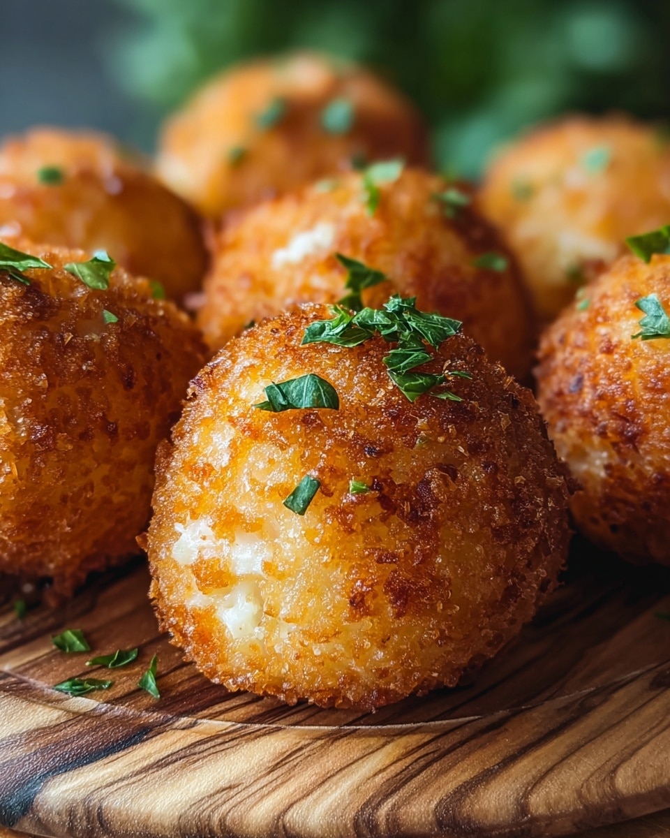 A close-up view of several golden-brown, crispy balls with a crunchy texture, likely rice or cheese-based, each topped with small bright green parsley pieces. They are placed closely together on a round wooden board with visible grain and natural color variations. The focus is on the front ball, showing its crunchy surface and some white bits peeking through the crust. The background is softly blurred with hints of green, enhancing the warm and inviting look of the food. Photo taken with an iphone --ar 4:5 --v 7