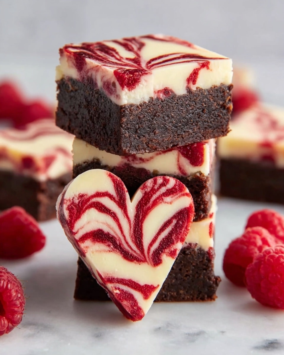The image shows three stacked dessert pieces with two circular ones behind a heart-shaped piece in front, all placed on a white marbled surface. Each piece has two layers: the bottom layer is dark brown, moist, and dense, resembling chocolate brownie, while the top layer is creamy off-white with bright red swirls of raspberry sauce creating a marbled pattern. Fresh red raspberries surround the desserts, adding a fresh, natural touch. The heart-shaped piece in front prominently displays the red and white marbled top with the dark layer visible on the edges. Photo taken with an iphone --ar 4:5 --v 7