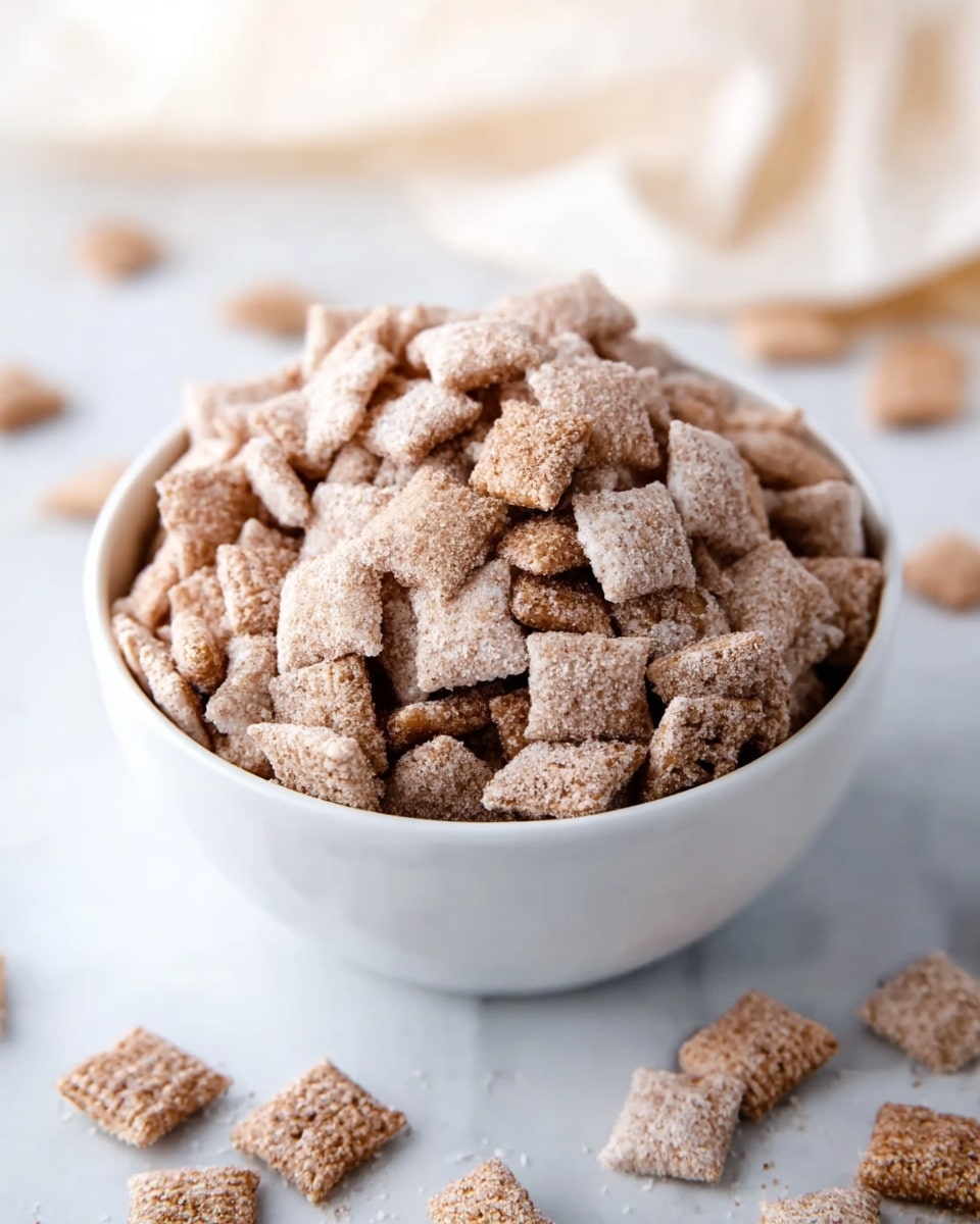 A white bowl filled to the top with small, square cereal pieces that are light brown with a rough texture and covered in a dusting of cinnamon sugar. The cereal pieces are stacked unevenly, creating a sense of volume and abundance. Some cereal pieces are scattered on a smooth white marbled surface around the bowl, adding to the natural, casual presentation. The background is soft and bright, with a blurred light area hinting at fabric or additional cereal pieces in the distance, creating a warm and inviting feel. photo taken with an iphone --ar 4:5 --v 7