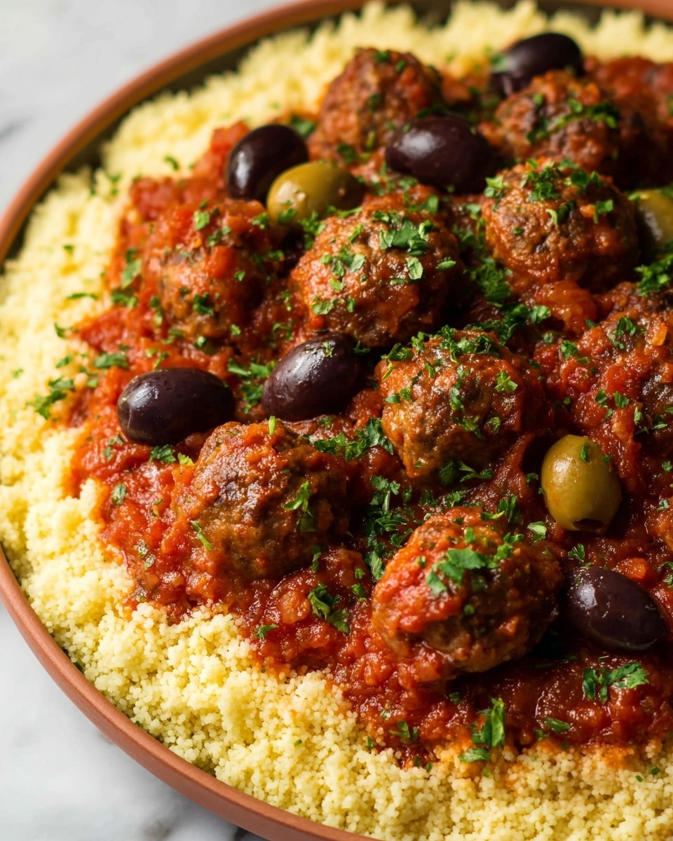 This image shows a dish with several layers starting from the bottom with a thick layer of pale yellow couscous that looks soft and fluffy, spread evenly on a white plate. On top of the couscous, there is a generous layer of small round meatballs covered in a rich red tomato sauce with a chunky texture. Mixed within the meatballs are whole dark purple and green olives, adding slight color contrast. The meatballs and sauce are garnished with light green chopped herbs, scattered on top. The dish is photographed up close with focus on the meatballs and sauce, on a white marbled surface. photo taken with an iphone --ar 4:5 --v 7