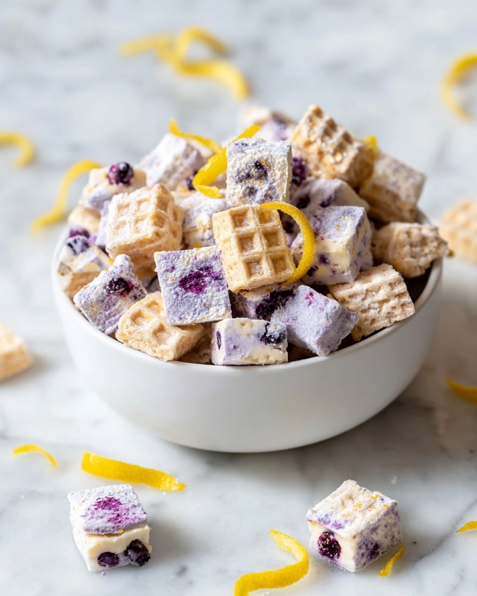A white bowl is filled with a mix of small square treats, about two layers deep, sitting on a white marbled surface. The treat pieces show two main types: some are light beige with a waffle texture, while others are coated in white powdered sugar with purple spots and some dark blue berries inside. A few pieces have a creamy off-white layer peeking from the sides. Bright yellow thin lemon peel strips are scattered on top and around the bowl on the surface. A few individual pieces, matching the bowl’s mix, are placed on the marbled surface nearby. Photo taken with an iphone --ar 4:5 --v 7