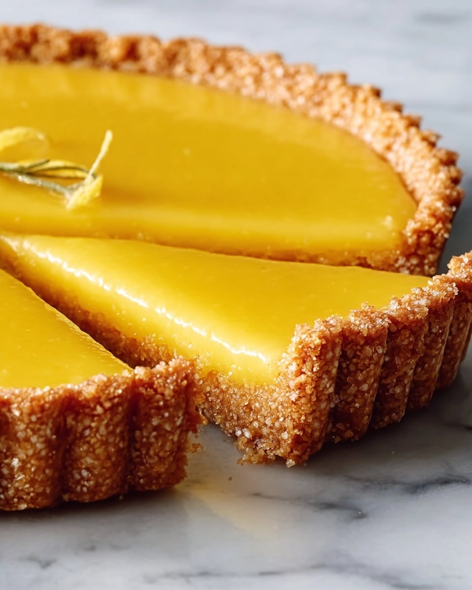 The image shows a close-up of a tart with two main layers. The bottom layer is a thick, crumbly crust with a golden-brown color and a slightly grainy texture, formed with fluted edges. The top layer is smooth and glossy, bright yellow filling, evenly spread inside the crust. The tart is set on a white marbled surface, highlighting the colors and texture of the dessert. Photo taken with an iphone --ar 4:5 --v 7