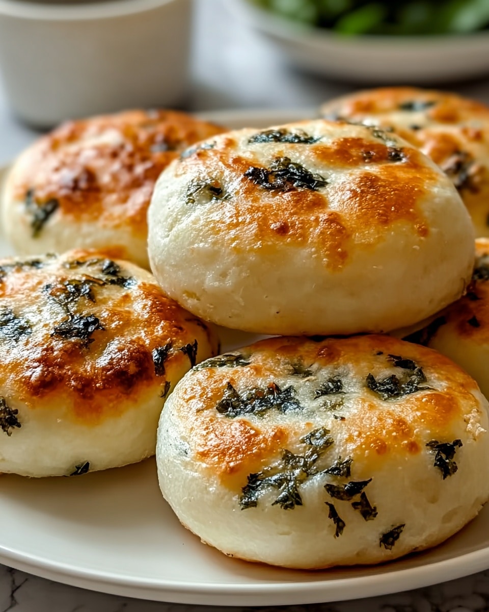A close-up image of five small, round bread pieces on a white plate, each bread showing a golden-brown, slightly crispy top with scattered dark green herb leaves embedded in the dough. The bread has a soft, fluffy texture with a light cream color underneath the browned spots. In the blurred background, there is a hint of greens and a small white bowl. The surface under the plate is a white marbled texture. photo taken with an iphone --ar 4:5 --v 7