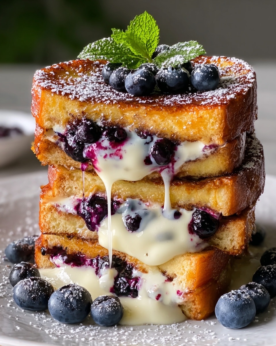 A stack of three thick, golden-brown French toast slices lie on a white plate with a white marbled texture. Between the first and second slice, there is a creamy white layer mixed with juicy, dark purple blueberries and blueberry syrup dripping slightly down the side. Between the second and third slice, the same creamy white layer and blueberry mixture is visible, with the creamy layer oozing out softly. The top slice is dusted with powdered sugar and decorated with several fresh blueberries and a sprig of green mint. More blueberries and powdered sugar scatter around the base on the plate. photo taken with an iphone --ar 4:5 --v 7