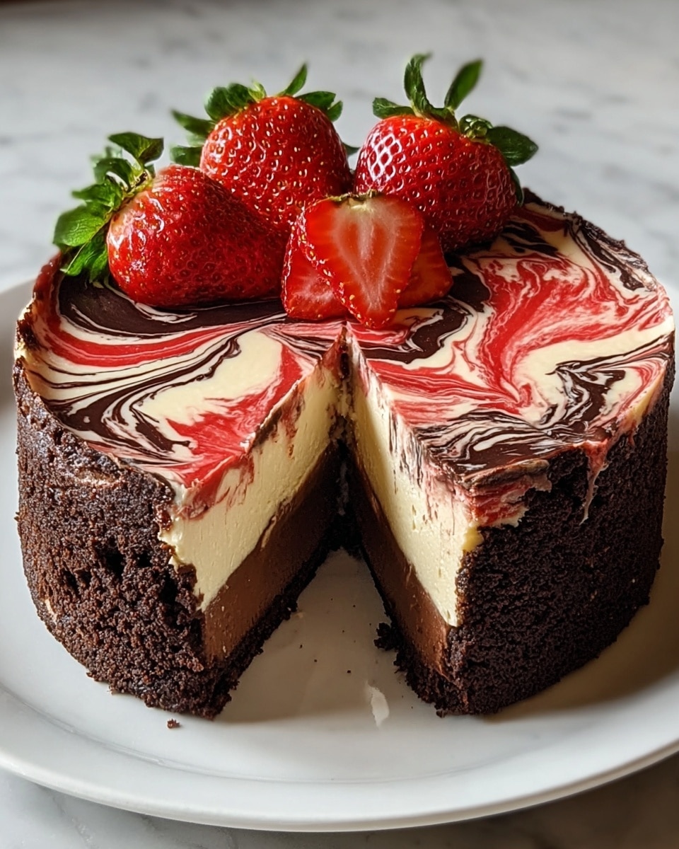 A round cheesecake with a thick, dark brown crumbly crust holds three visible layers inside: a bottom layer of rich, dark chocolate, a middle creamy white layer, and a top layer swirled with red and white patterns that look like strawberry and cream. The smooth top is decorated with four large fresh strawberries—three whole and one cut in half—placed near the center. A slice is removed, showing the colorful layers and smooth texture inside. The cheesecake sits on a white plate on a white marbled surface. photo taken with an iphone --ar 4:5 --v 7