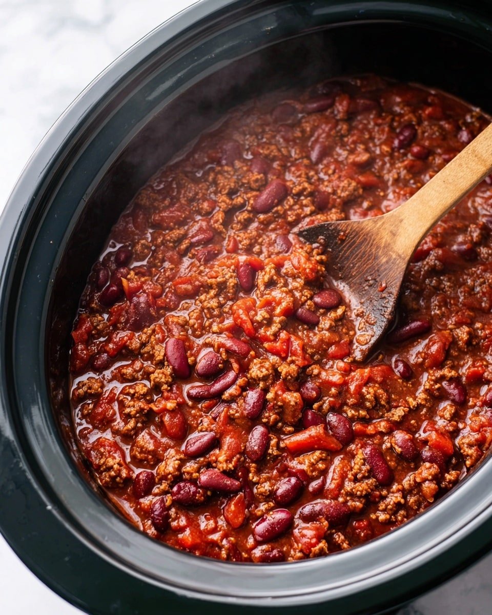 A close-up view of a black slow cooker filled with thick chili, showing one layer of rich, chunky chili made of red kidney beans, browned ground meat, and diced tomatoes in a red sauce with visible bits of pepper. The chili has a glossy and stew-like texture, with steam rising from it, and a rustic wooden spoon is partially dipped into the chili from the right side, covered in the sauce. The entire pot is set on a white marbled surface. photo taken with an iphone --ar 4:5 --v 7