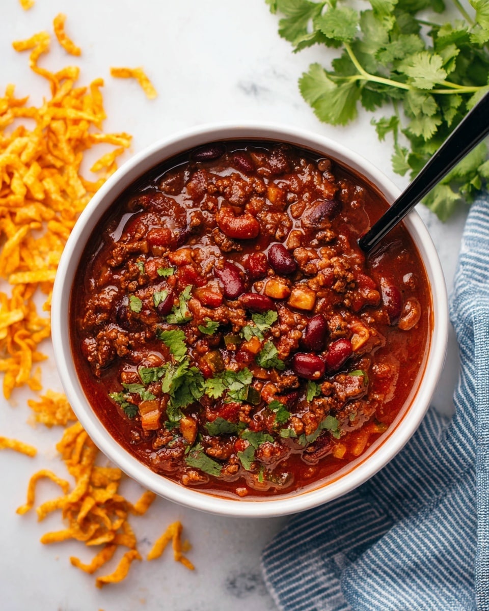 A white bowl filled with thick, dark reddish-brown chili, showing visible chunks of ground meat, beans, and small pieces of tomatoes and vegetables in a rich sauce. A black spoon rests inside the bowl on the right side. Surrounding the bowl are scattered bright orange crispy strips and fresh green leafy herbs at the top, all placed on a white marbled surface with a blue striped cloth partially visible on the lower right side. photo taken with an iphone --ar 4:5 --v 7
