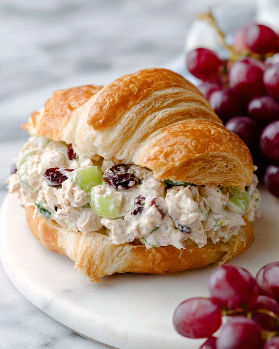 A golden brown croissant sliced in half horizontally holds a thick, creamy chicken salad filling that shows small chunks of pale white chicken mixed with light green celery pieces and red grape halves, with some bits of dark dried fruit mixed in; the sandwich sits on a round white marble board with a small bunch of red grapes in the soft-focused white marbled background. photo taken with an iphone --ar 4:5 --v 7