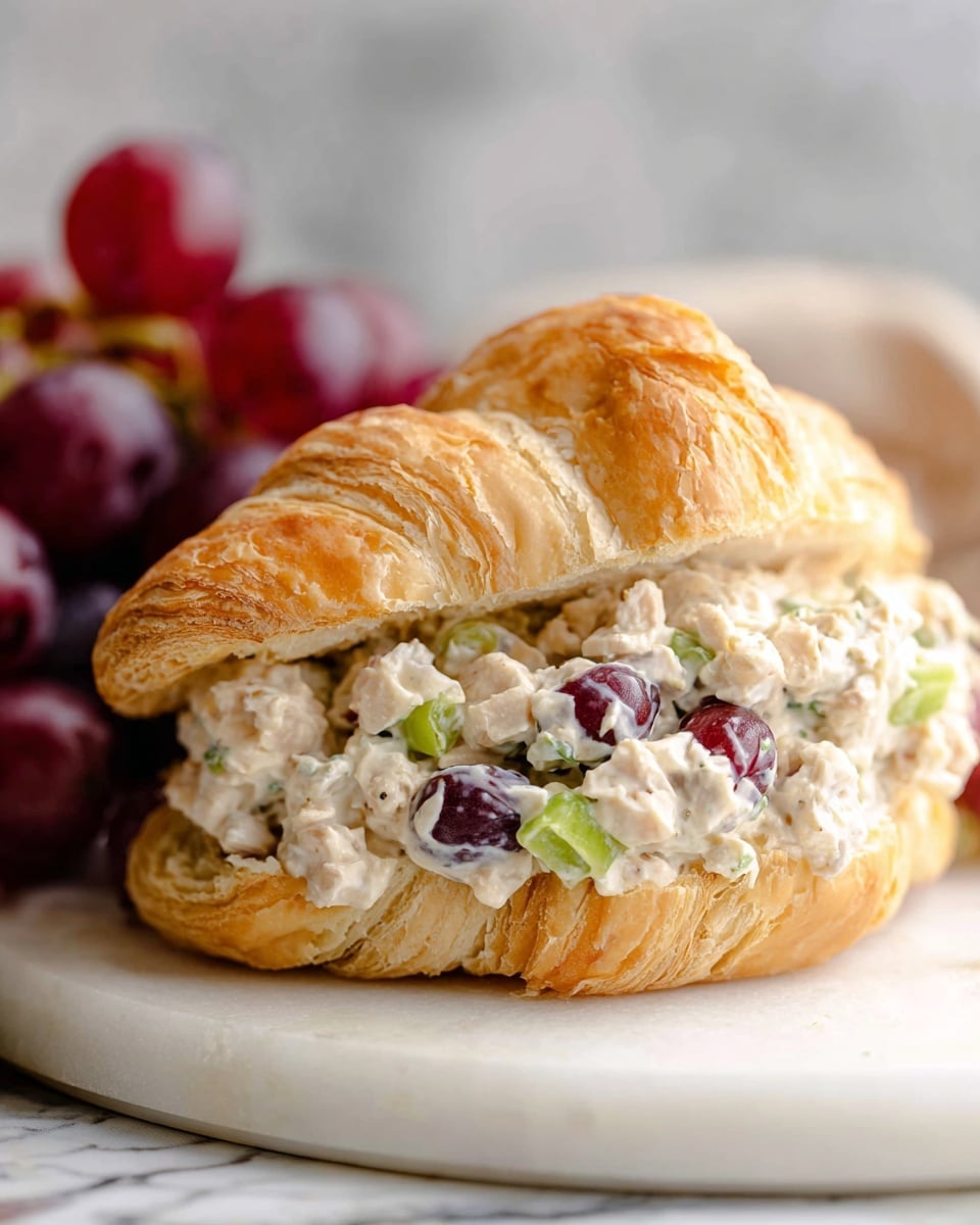 The image shows a flaky, golden croissant sliced open and filled with a creamy chicken salad. The salad has a chunky texture with visible pieces of white chicken, green celery, and whole red and dark purple grapes mixed in. The croissant and filling are placed on a round white plate with a white marbled surface underneath. In the background, there is a blurred bunch of red grapes. photo taken with an iphone --ar 4:5 --v 7