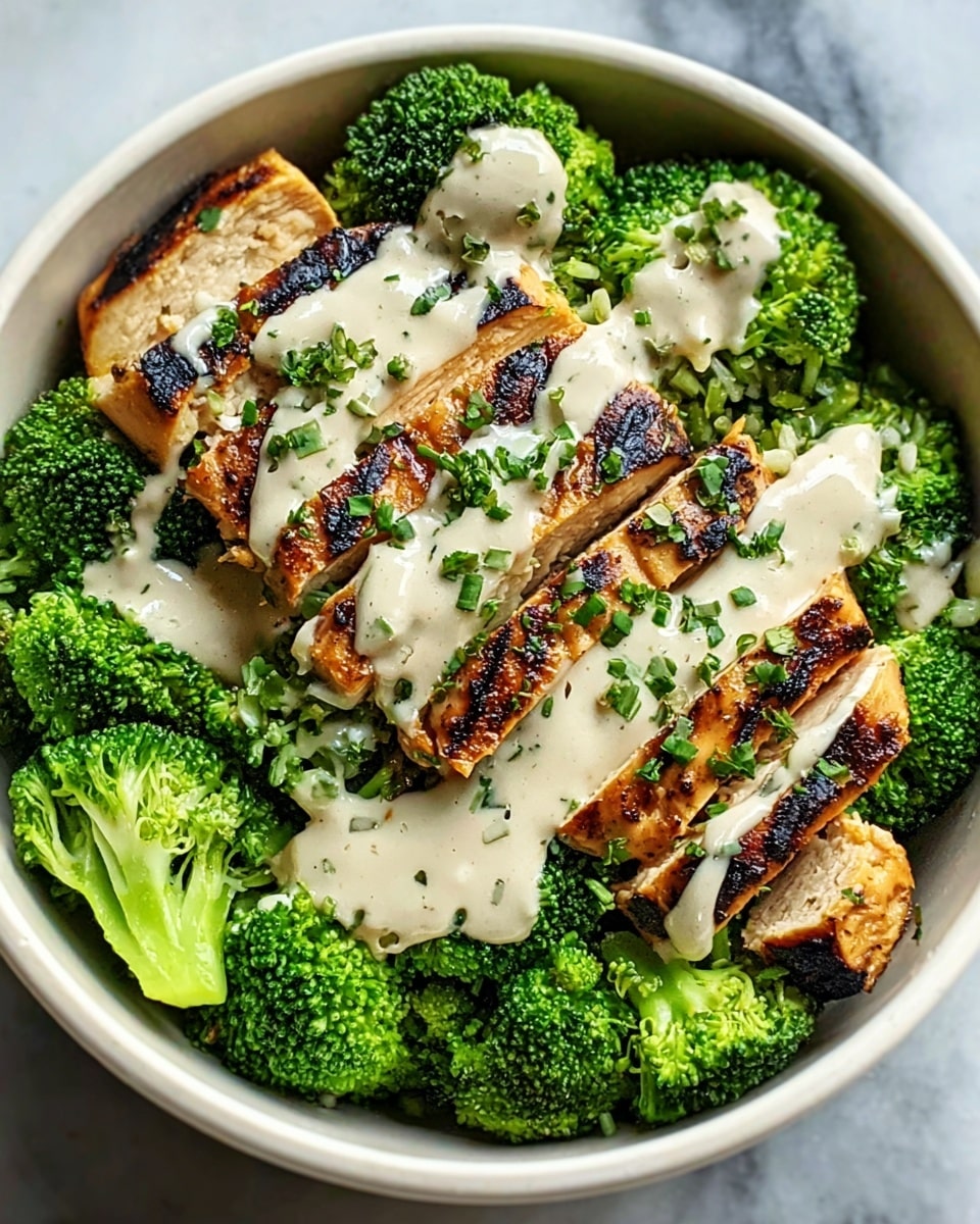 The image shows a white bowl filled with bright green broccoli florets as the base layer, surrounding a piece of grilled chicken placed in the middle. The chicken has dark grill marks and is topped with a creamy white sauce drizzled evenly across it. Small bits of chopped green herbs are sprinkled on top of the sauce, adding a fresh touch. The bowl is placed on a white marbled surface. Photo taken with an iphone --ar 4:5 --v 7