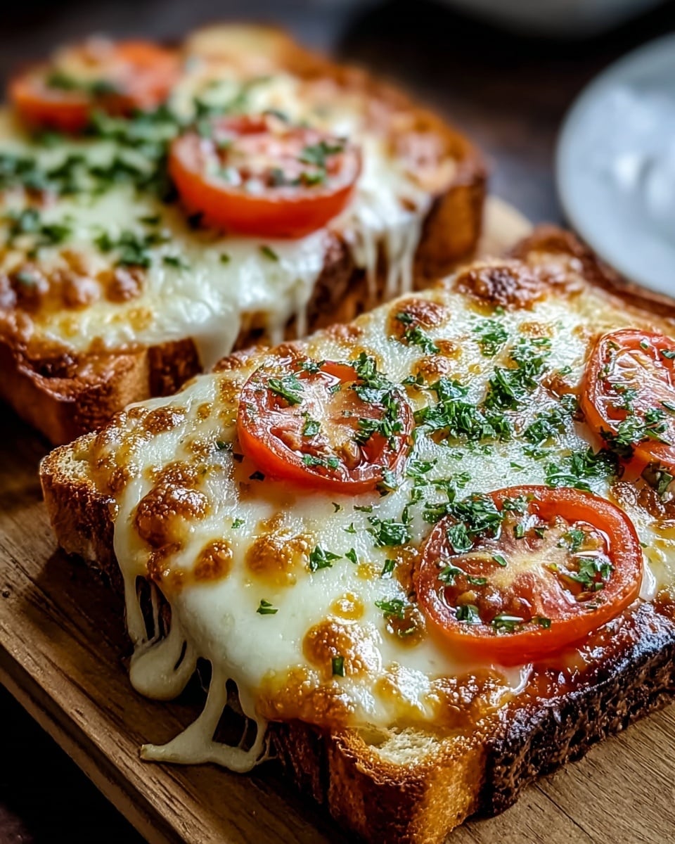 Two thick square slices of toasted bread are topped with a layer of melted white cheese that drips slightly over the edges, followed by bright red tomato slices scattered on top, then another thick layer of bubbling golden-brown melted cheese with small browned spots, sprinkled with chopped green herbs evenly over the surface. The edges of the bread are golden and crisp, showing some darker toasted spots. The dish is set on a wooden board with a soft blurred background. photo taken with an iphone --ar 4:5 --v 7