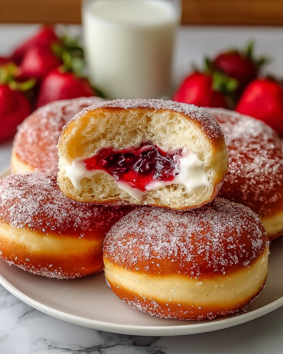 A white plate holds a stack of round doughnuts with a shiny, golden brown crust coated in granulated sugar. The top doughnut is cut in half, showing two layers inside: a creamy white filling at the base and a glossy red jam layer above it, both oozing slightly from the soft, airy dough. The dough has a light yellow color and fluffy texture. In the background, red strawberries and a glass of milk slightly blurred add a fresh and wholesome feel. The setting is a white marbled surface. photo taken with an iphone --ar 4:5 --v 7