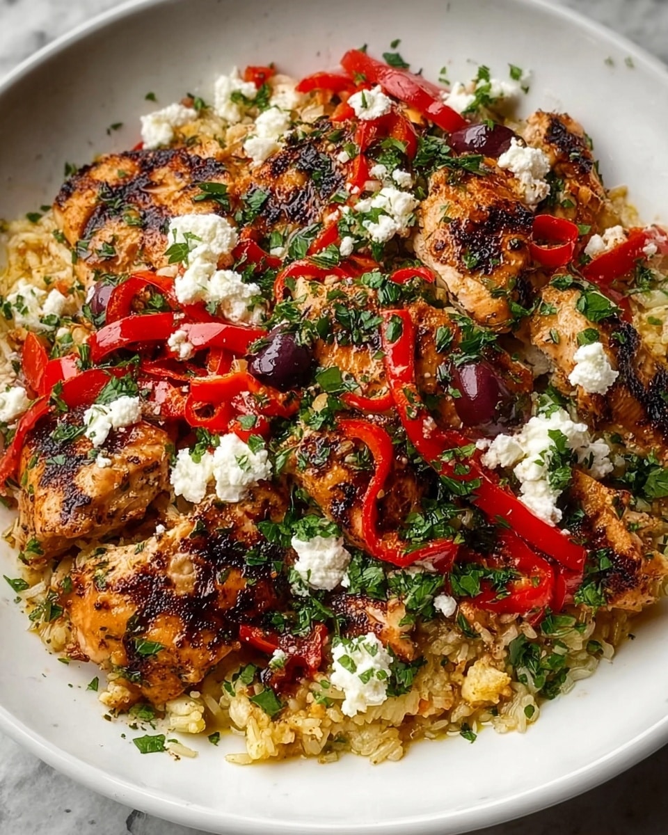 In a white bowl, there is a dish made of grilled chicken pieces with dark char marks, acting as the base layer. On top, there are cooked rice grains mixed with bright red sliced bell peppers that add a pop of color. Scattered evenly across the dish are dark purple olives, soft white crumbles of cheese, and finely chopped green herbs, giving a fresh look. The textures show crispy chicken edges, soft rice, and creamy cheese, all sitting on a clean white marbled surface. photo taken with an iphone --ar 4:5 --v 7