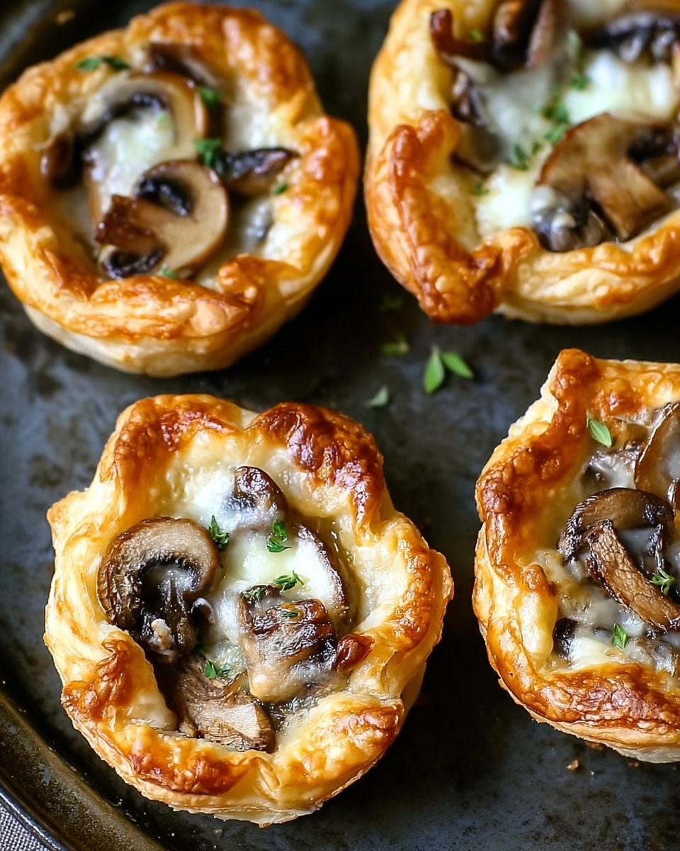 The image shows five small pastry cups with two layers each, placed closely on a dark baking tray. The outer layer is a golden-brown, flaky, and crispy puff pastry shell with slightly raised edges forming a round cup shape. Inside each cup, the second layer consists of a creamy, melted cheese topping with a smooth texture, mixed with pieces of cooked mushrooms that are brown and have a soft, tender look. Bits of green herbs are sprinkled lightly over the filling, adding a touch of green color. The pastries are arranged over a white marbled textured surface. photo taken with an iphone --ar 4:5 --v 7
