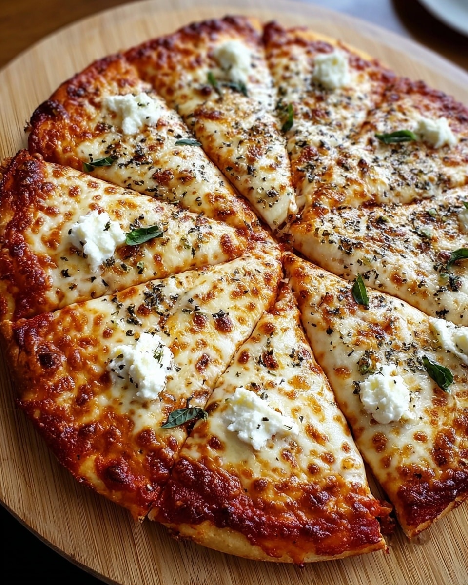 A round pizza cut into eight slices is shown on a wooden board. The pizza has a thin, golden-brown crust with slightly crispy edges. The first layer is a rich red tomato sauce spread evenly across the base. On top, there is a thick layer of melted white cheese, with parts that are golden brown and bubbly from baking. There are small dollops of white creamy cheese scattered on the top layer. Green basil leaves are placed sporadically across the cheese, and it is sprinkled with black pepper and dried herbs. The background is a white marbled texture. photo taken with an iphone --ar 4:5 --v 7