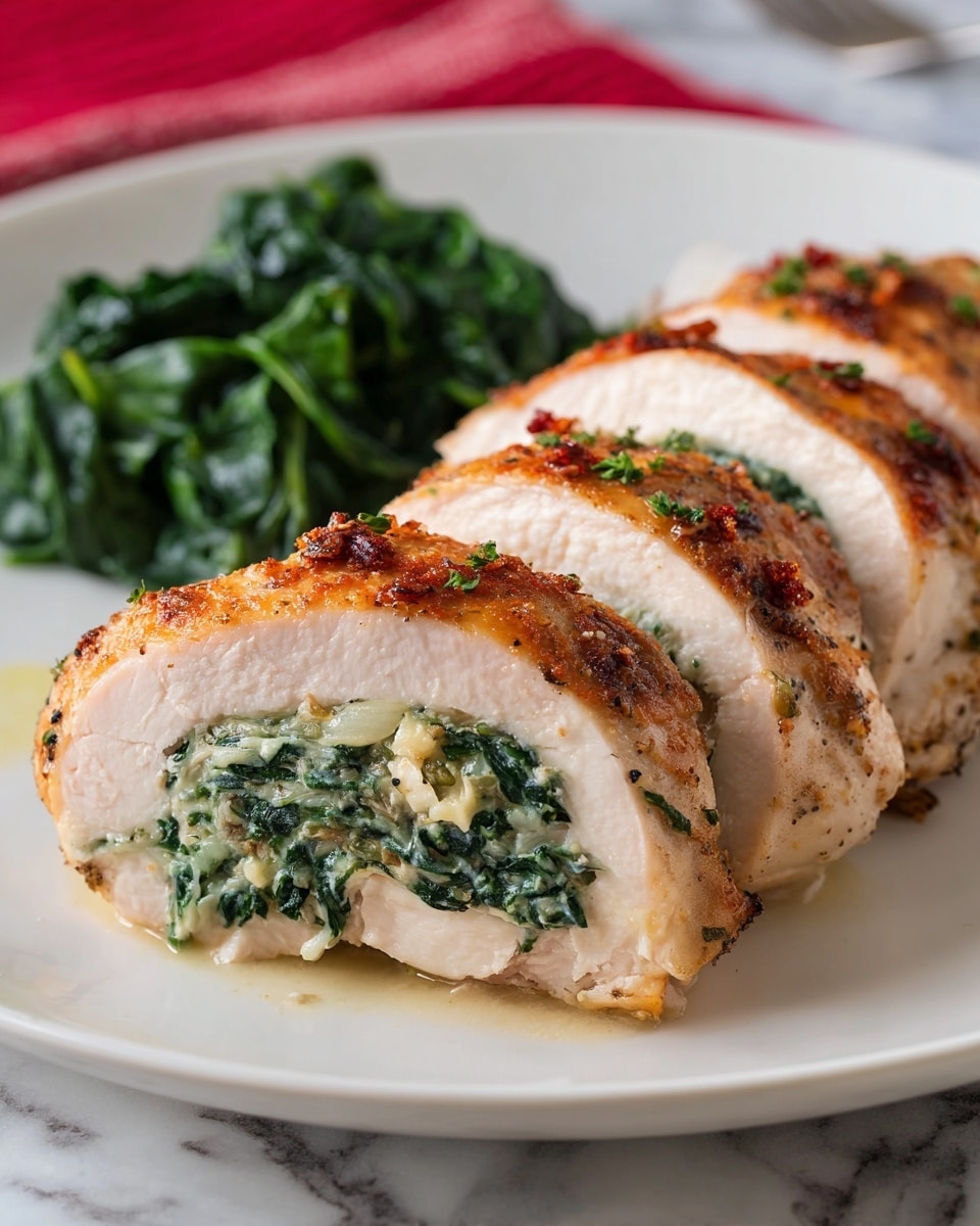 The image shows three thick slices of stuffed chicken breast arranged side by side on a white plate. Each slice has an outer layer of golden-brown, crispy chicken with visible seasoning and a slightly charred texture. Inside, the chicken is filled with a vibrant green spinach mix combined with creamy melted cheese, creating a soft, textured inner layer. Behind the chicken slices, there is a small pile of cooked spinach leaves, deep green in color with a glossy finish. The plate rests on a white marbled surface with a hint of a red cloth underneath, enhancing the warmth of the dish. Photo taken with an iphone --ar 4:5 --v 7